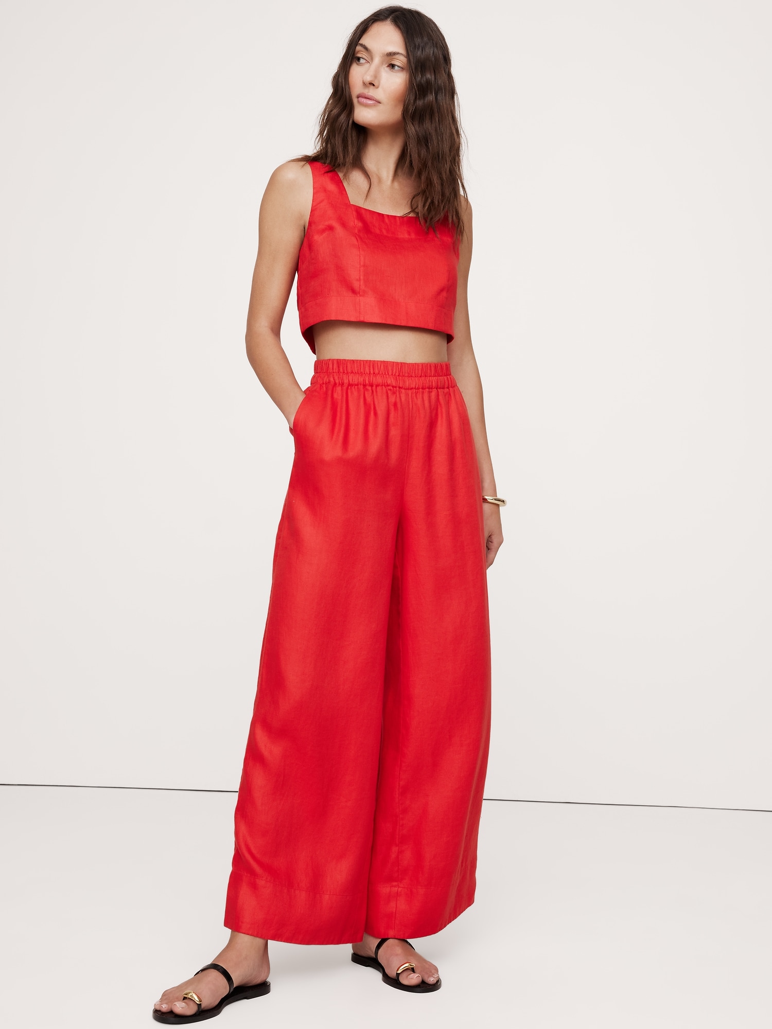 Wide-Leg Linen Pull-On Ankle Pant - Red