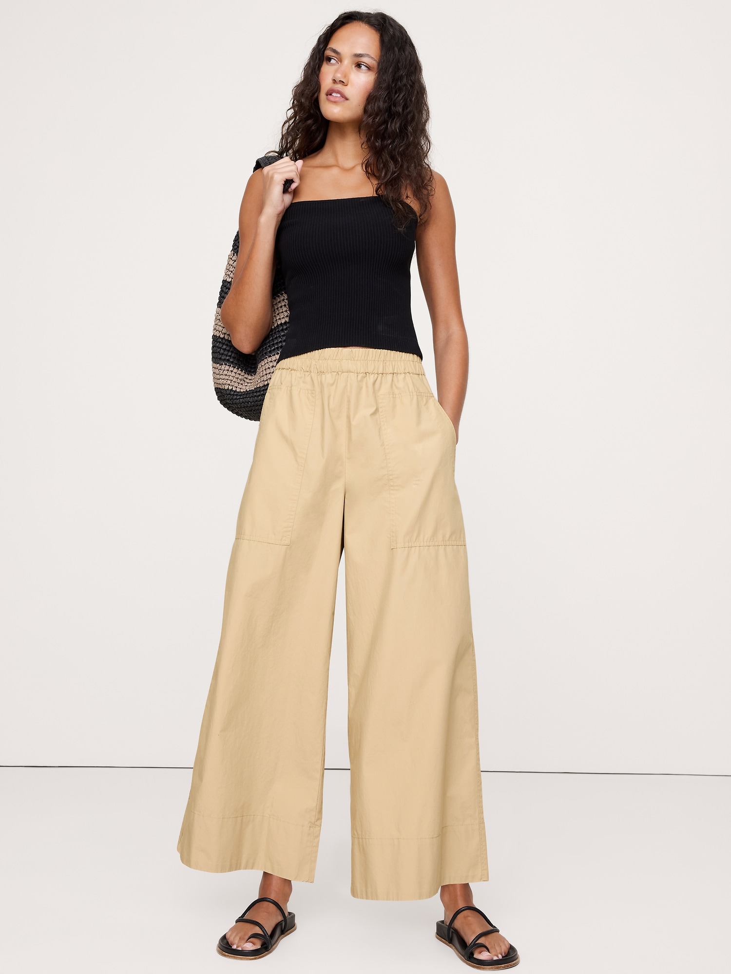 Wide-Leg Pull-On Cotton Poplin Ankle Pant
