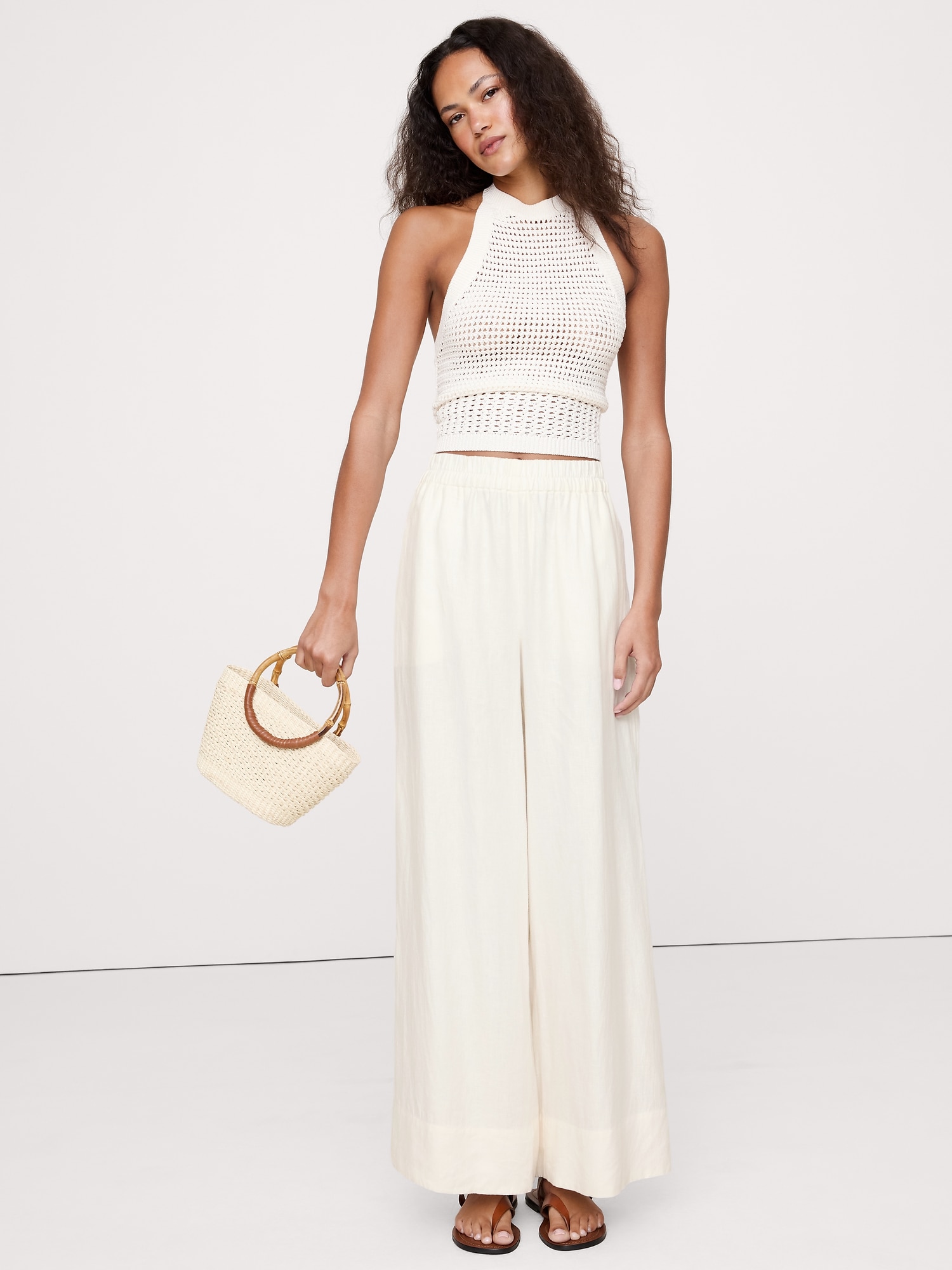 Wide-Leg Pull-On Linen Ankle Pant
