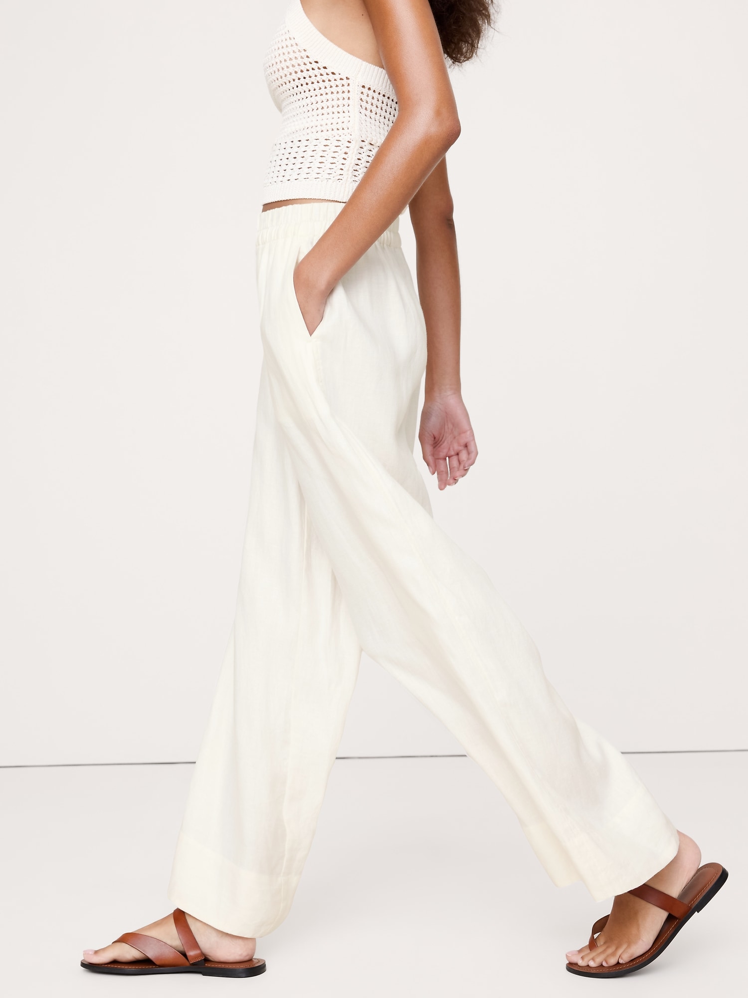 Wide-Leg Pull-On Linen Ankle Pant