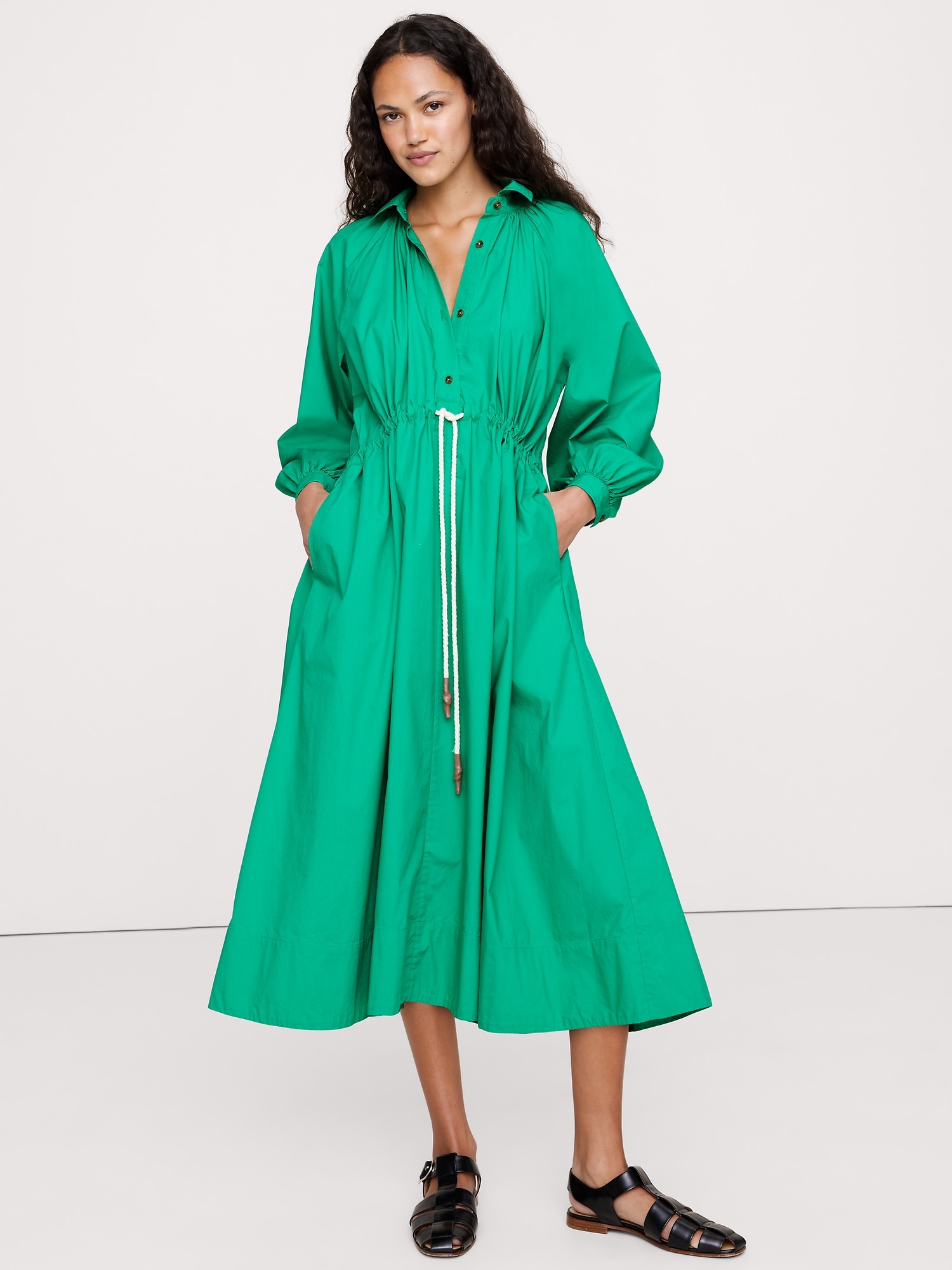 Cotton Poplin Midi Shirtdress - Green