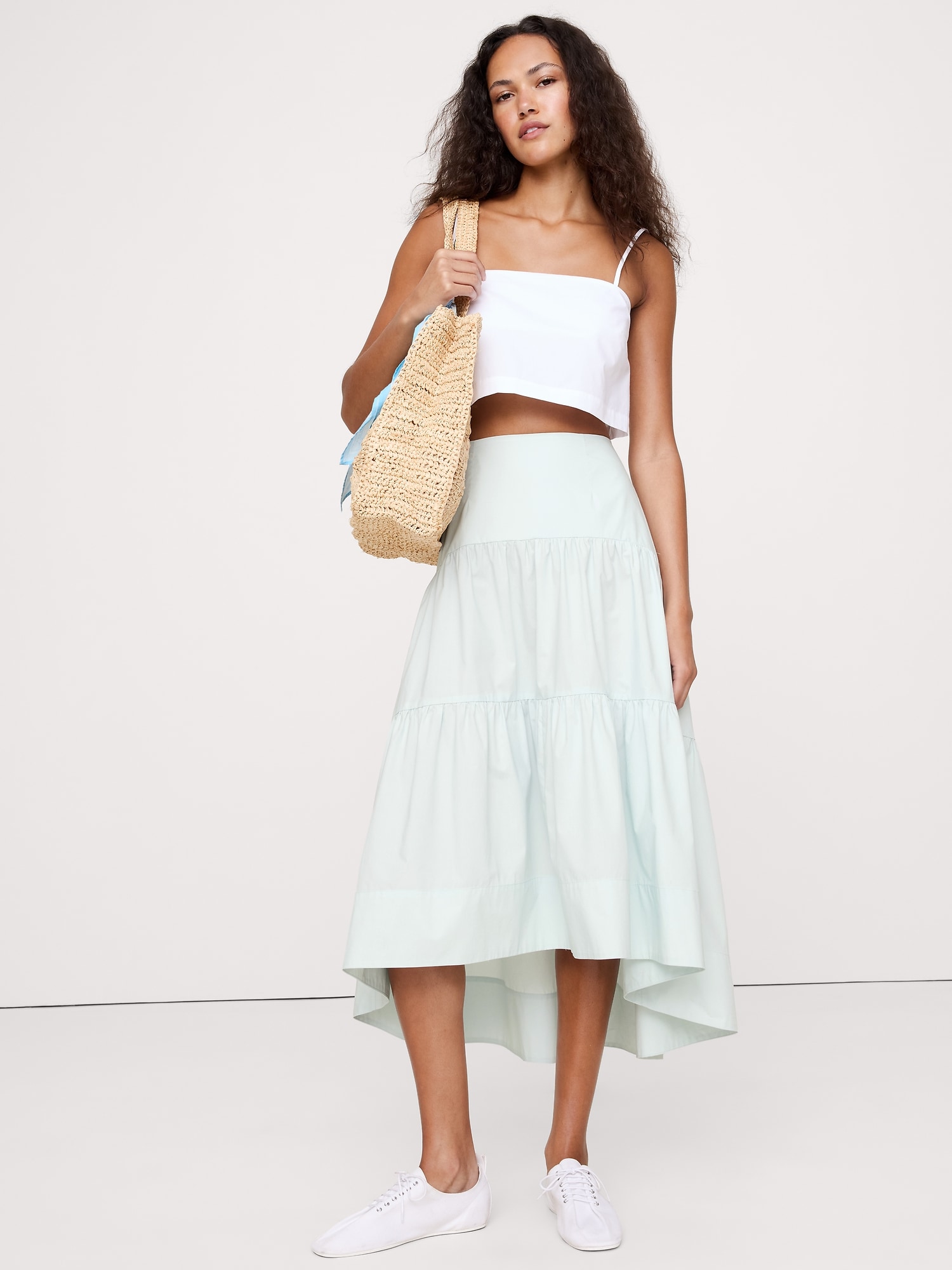 Cotton Poplin Drop-Waist Tiered Skirt - Blue