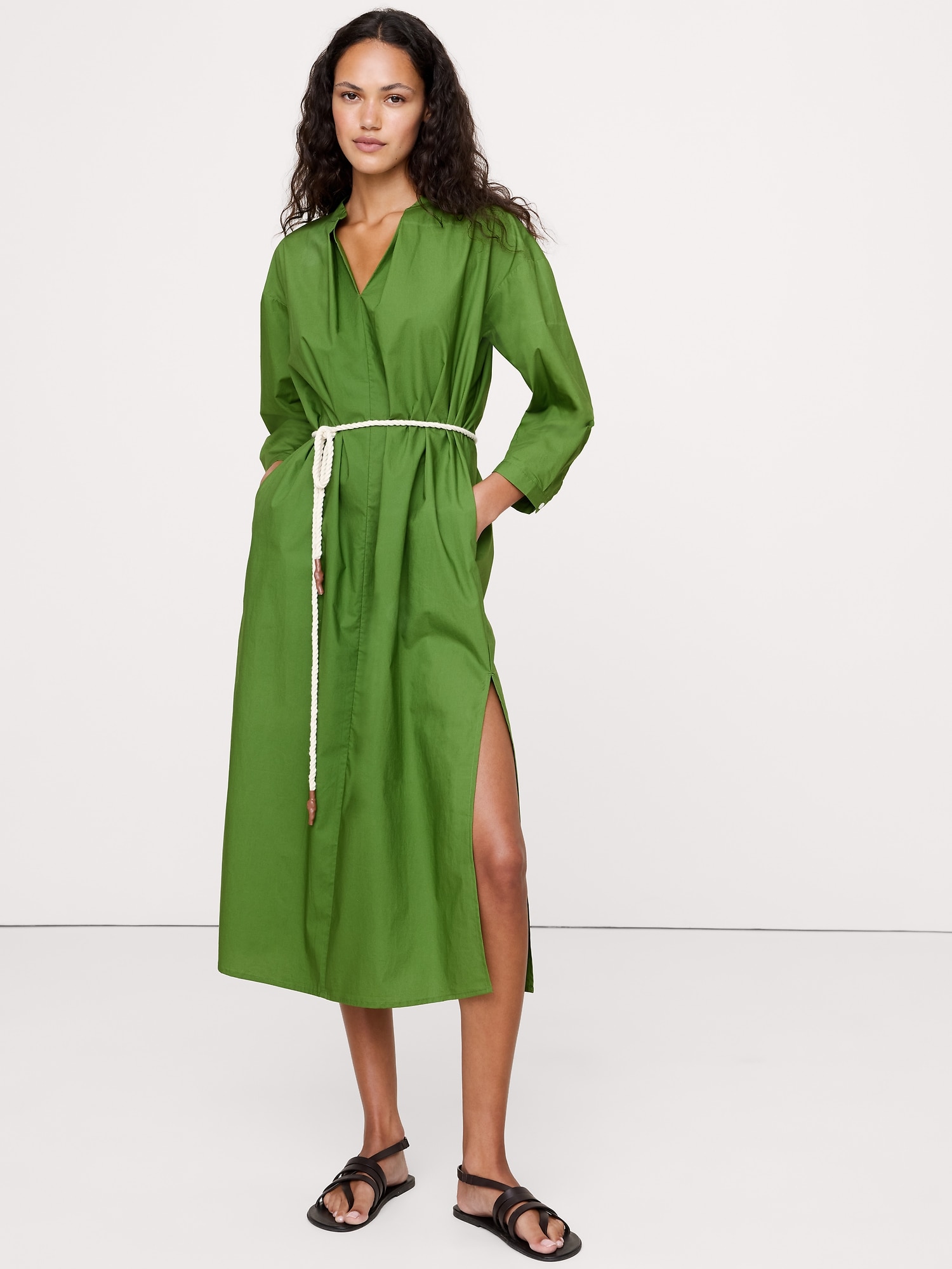 Cotton Poplin Split-Neck Shirt Dress - Green