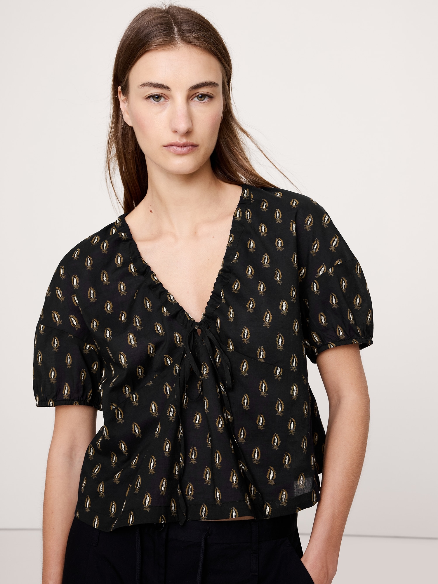 Cotton Tie-Front V-Neck Top