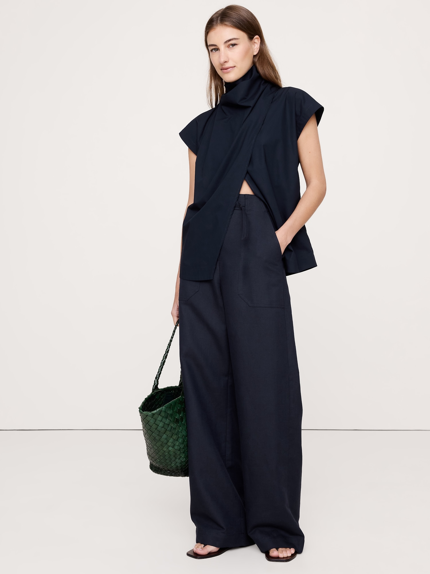 COTTON POPLIN COWL NECK TUNIC - Navy Blue