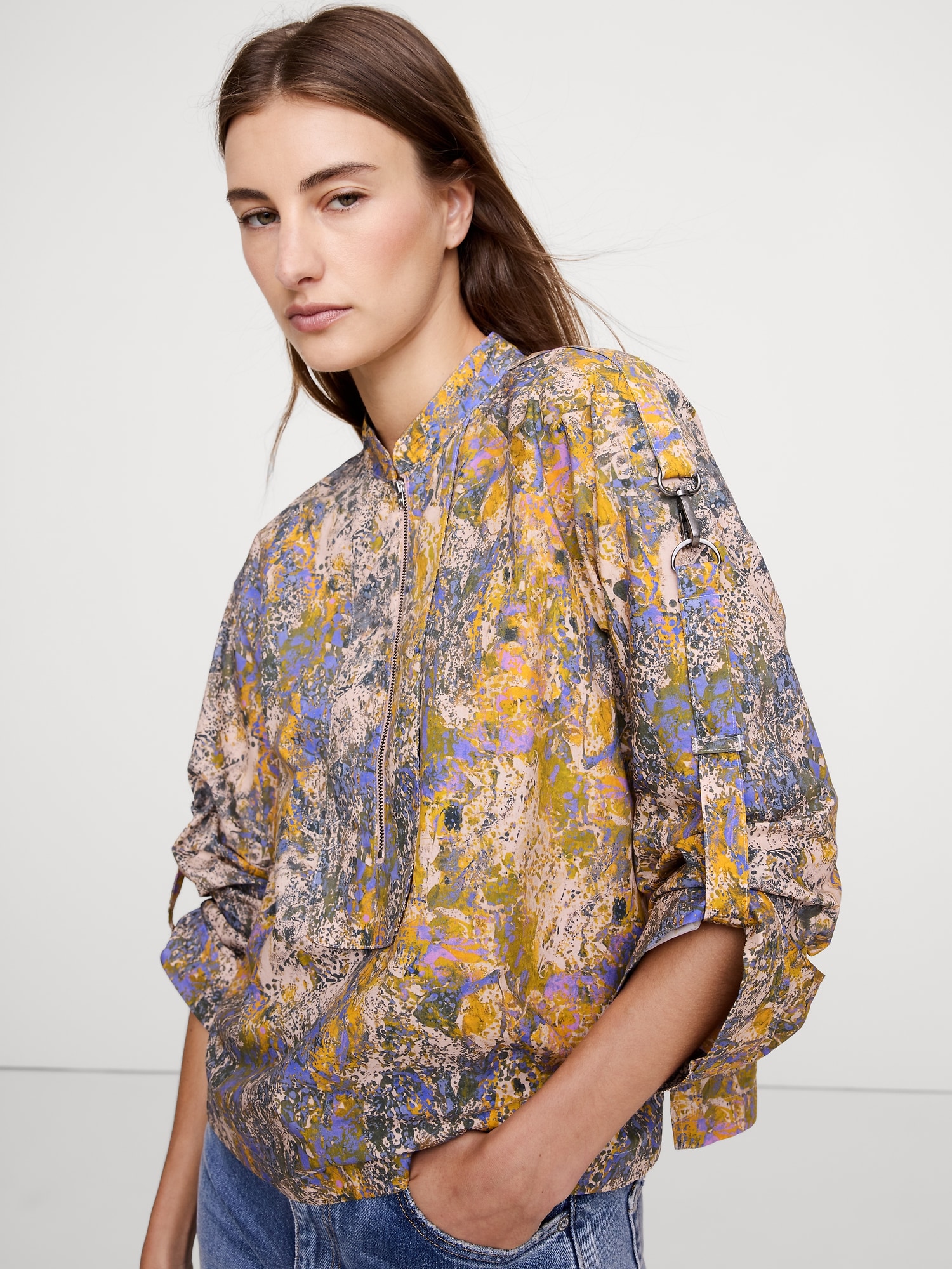 Cotton Poplin Zip Popover Top - Pastel Camo Splatter