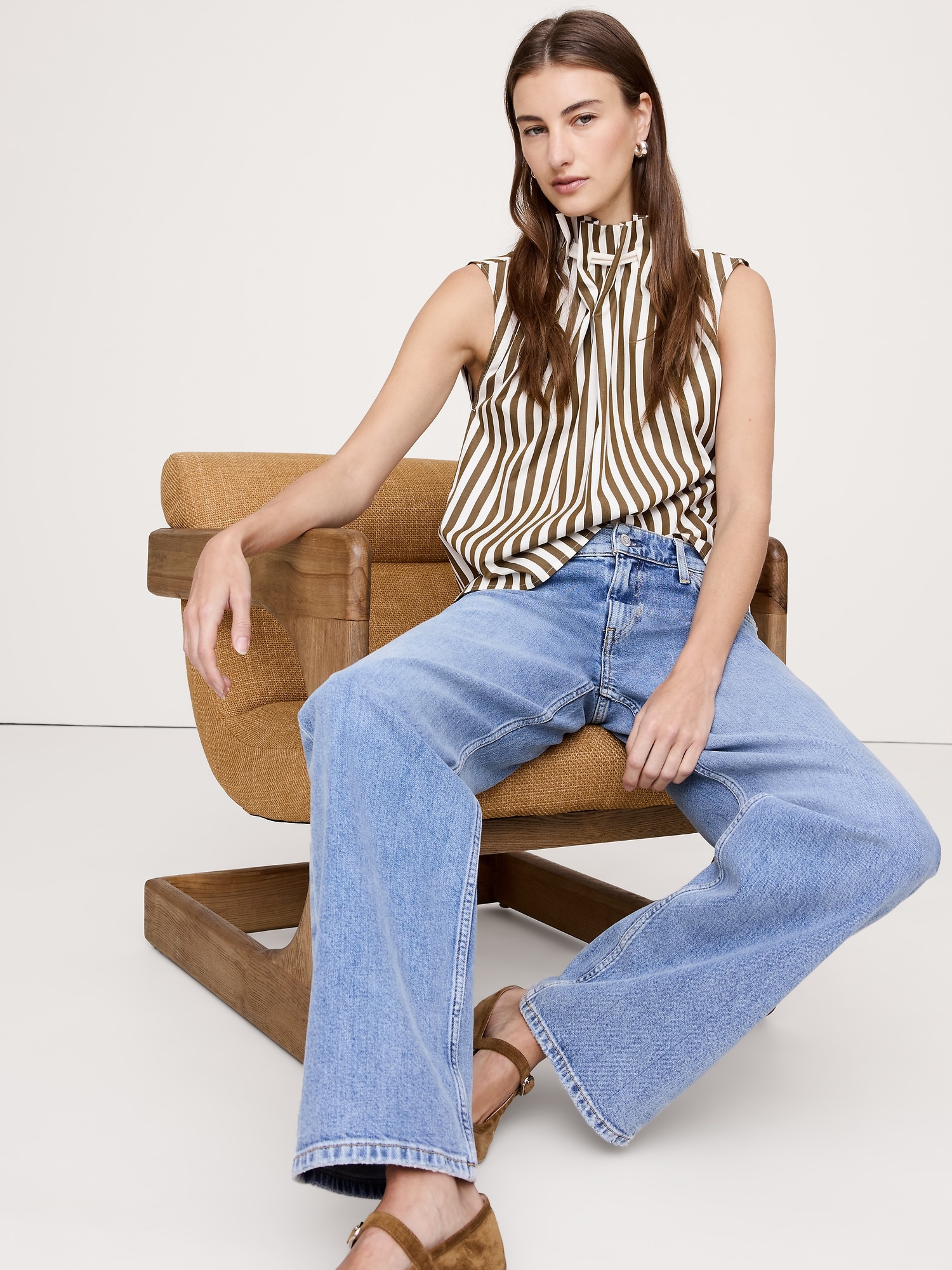 COTTON POPLIN CINCH-NECK TOP - Olive Green Stripe