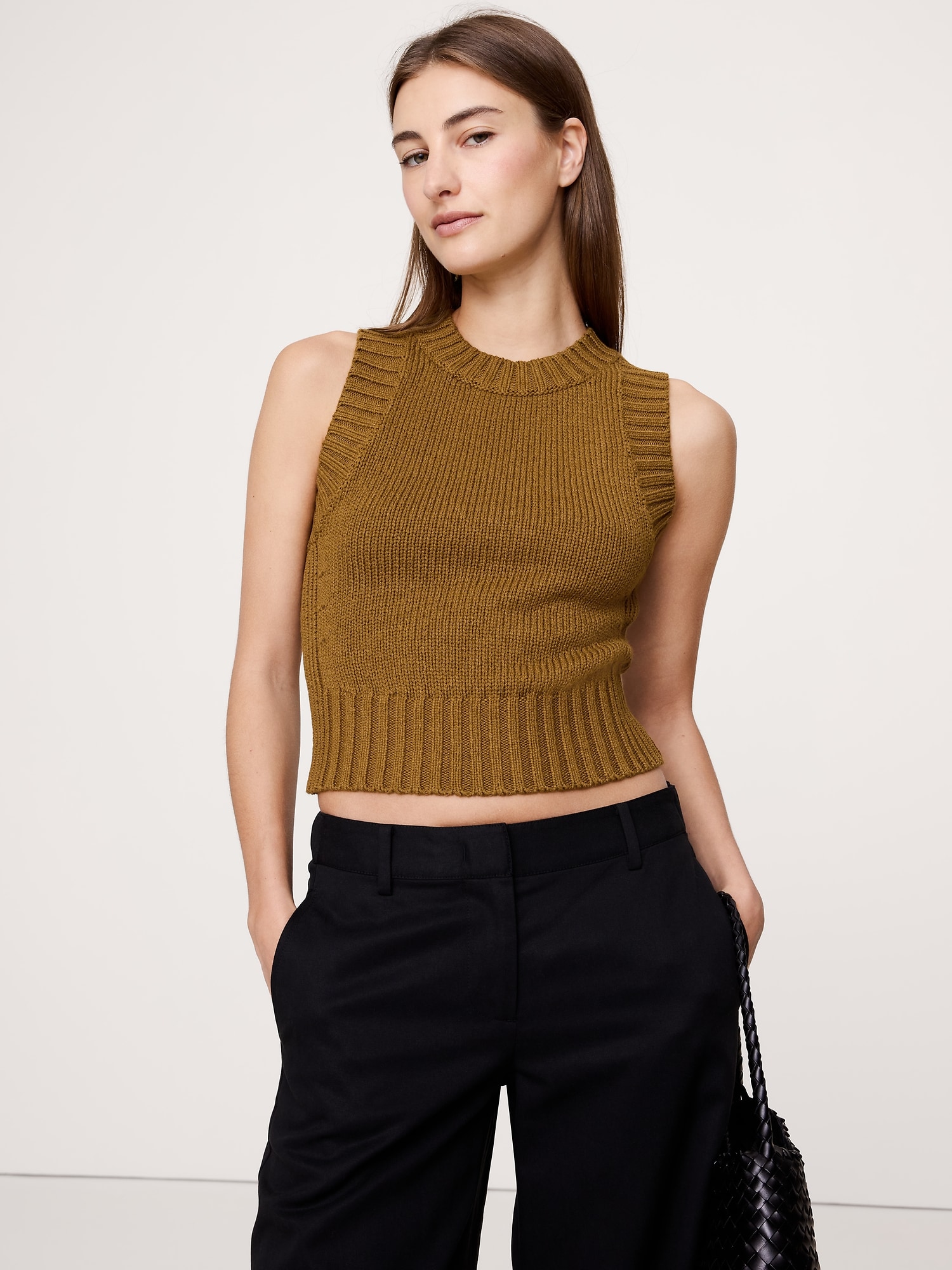 Cotton-Silk Cropped Sweater Tank - Bronze Brown