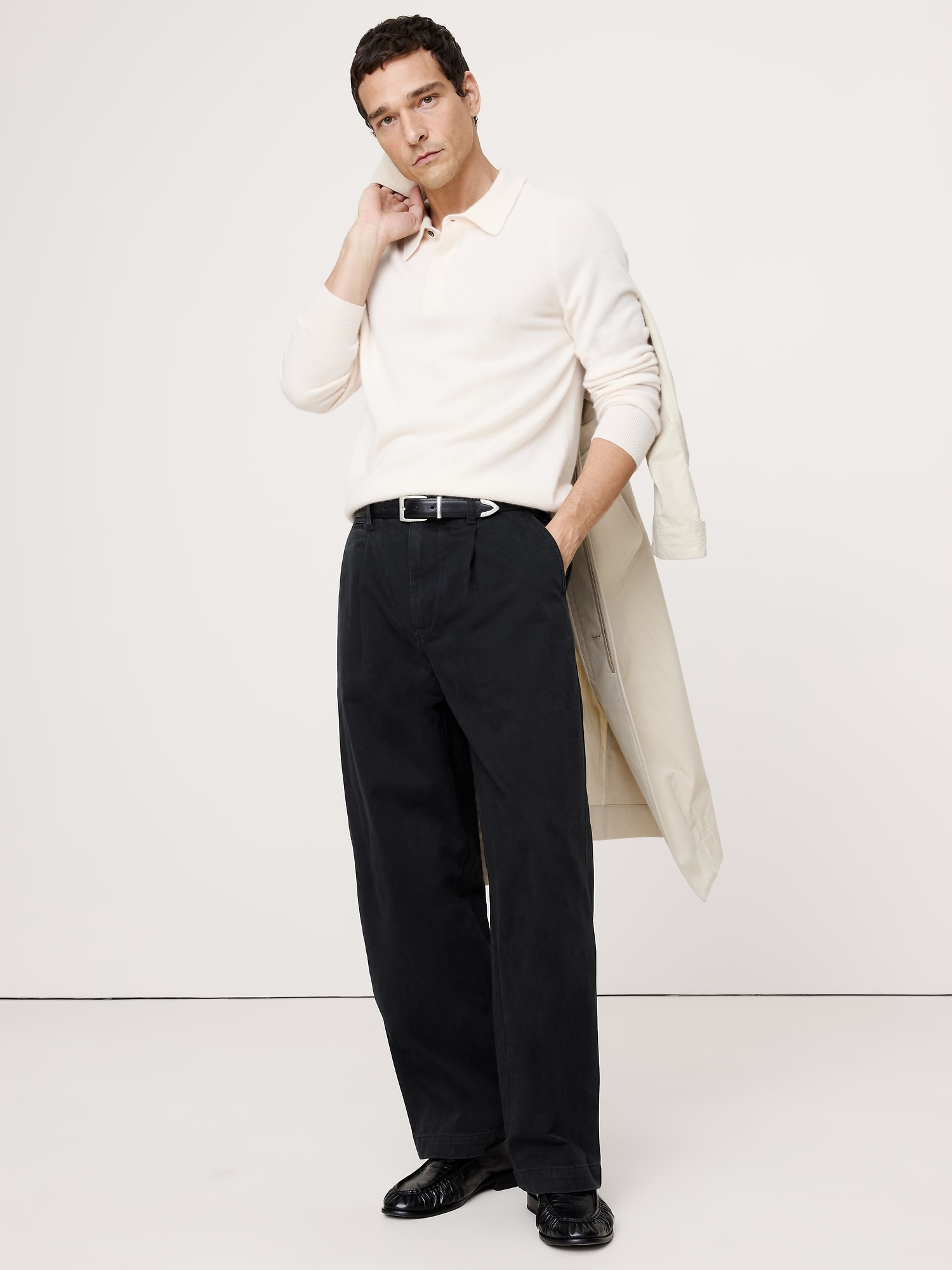 CHINO AMPLE EN COTON LÉGER PLISSÉ - Noir
