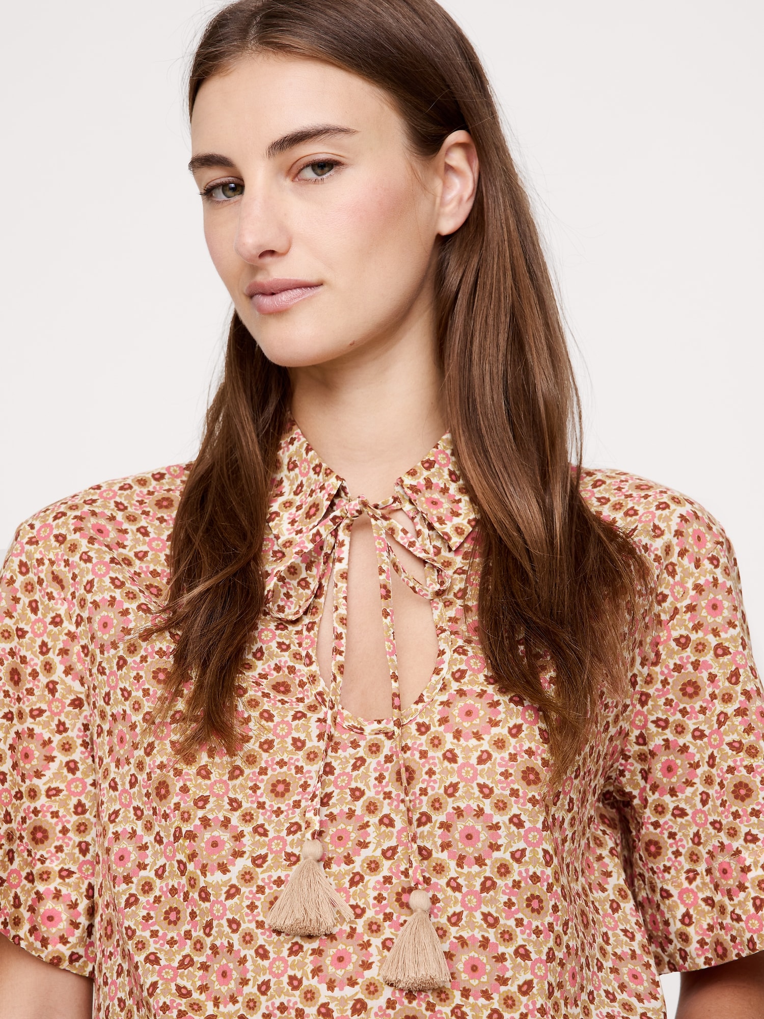 Image number 1 showing, COTTON POPOVER SHIRT WITH TASSEL TIE