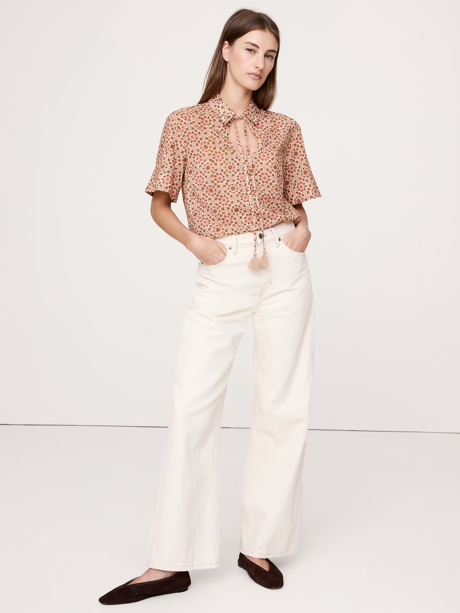 Image number 6 showing, COTTON POPOVER SHIRT WITH TASSEL TIE