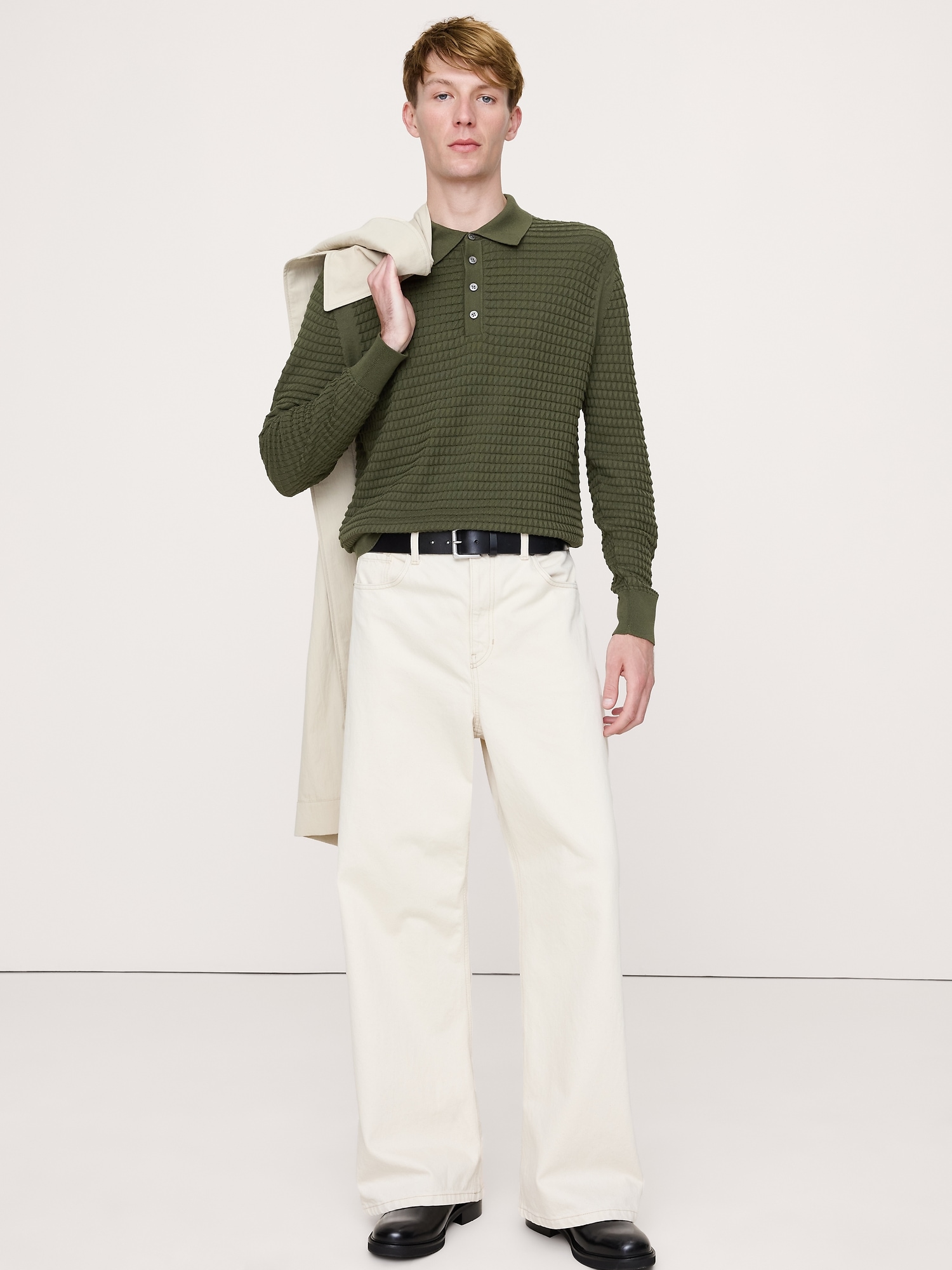 TEXTURED COTTON LONG-SLEEVE SWEATER POLO - Dark Trees Green