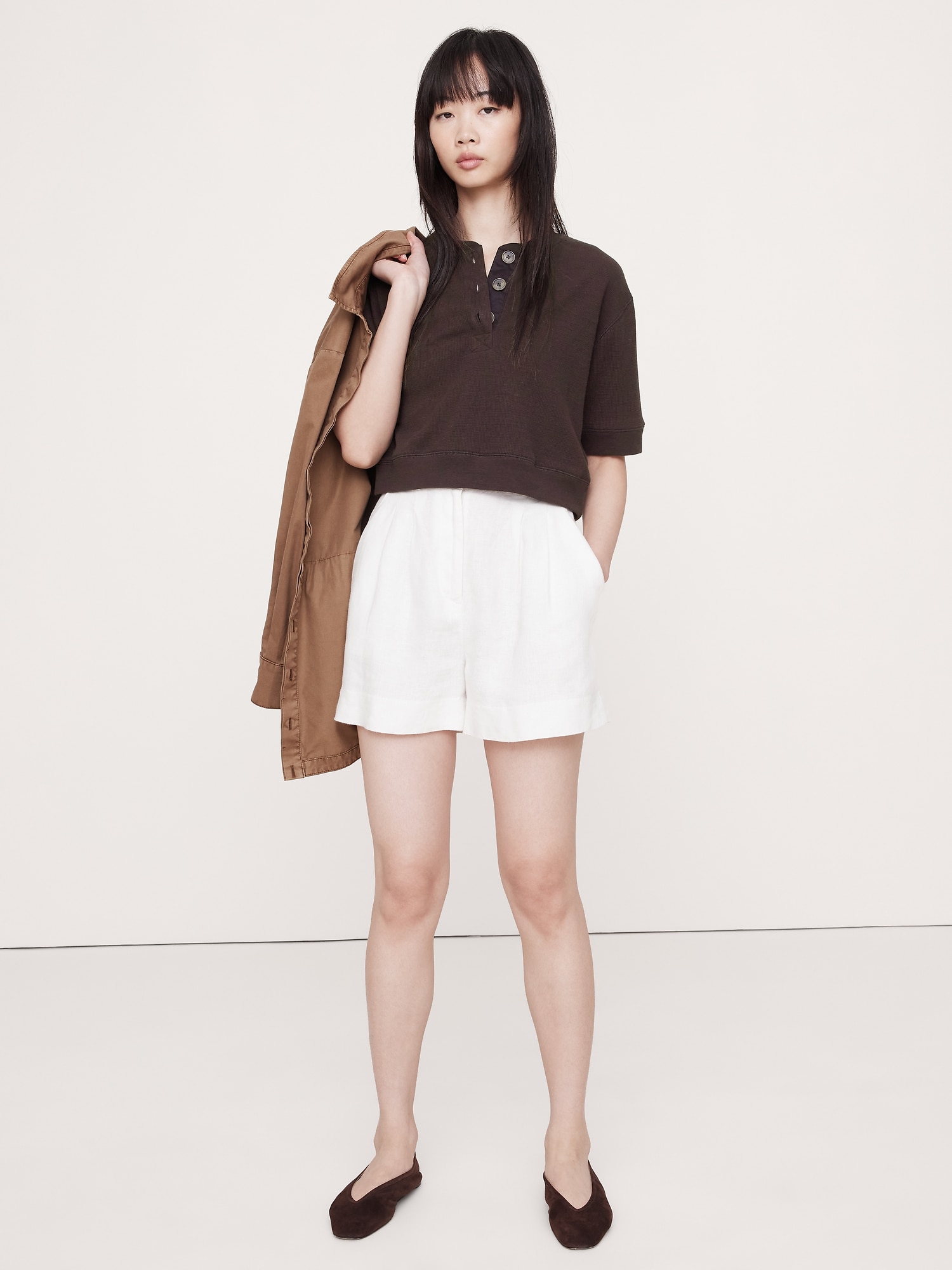 Waffle-Knit Cropped Henley - Ganache Brown