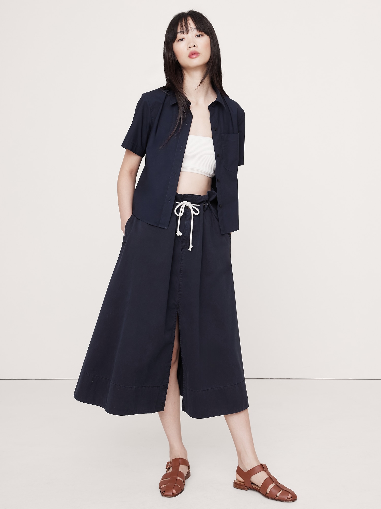 BOXY COTTON POPLIN SHORT-SLEEVE SHIRT - Navy Blue