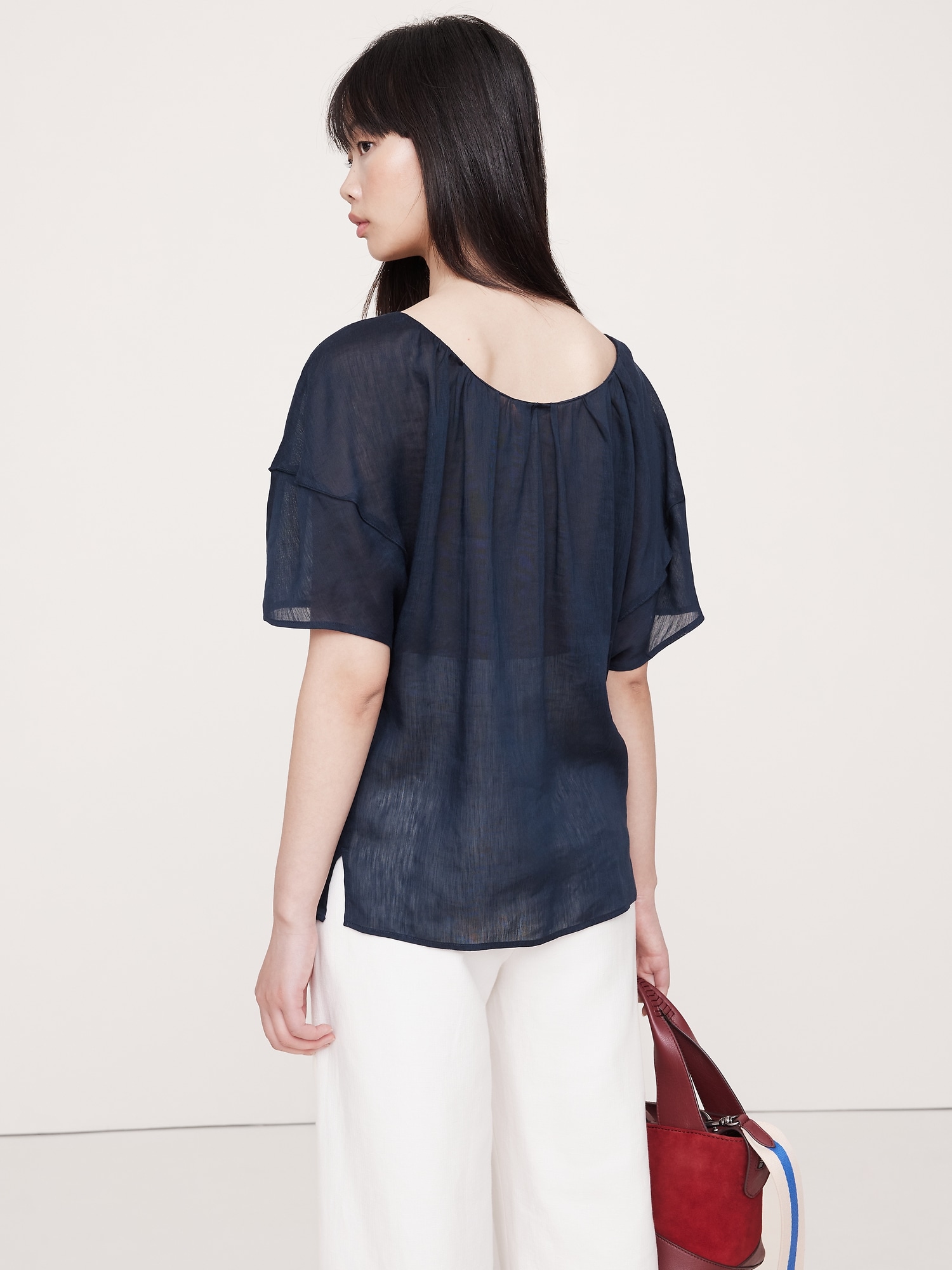 Image number 2 showing, LINEN-VISCOSE GAUZE PUFF-SLEEVE TOP