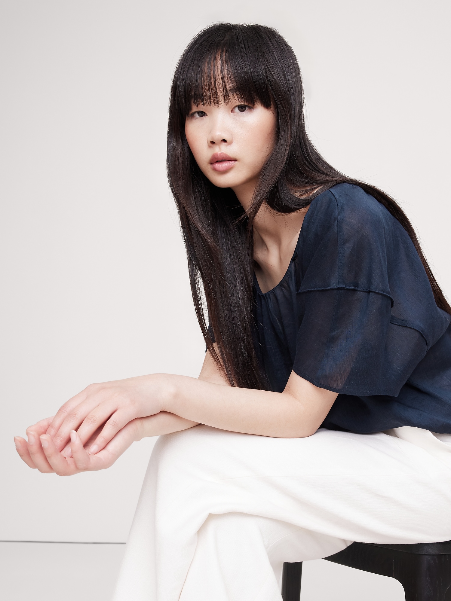Image number 3 showing, LINEN-VISCOSE GAUZE PUFF-SLEEVE TOP