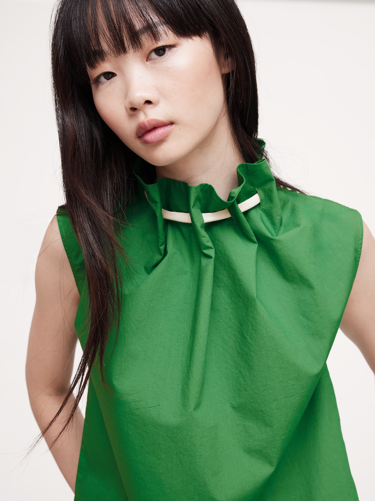 Image number 3 showing, COTTON POPLIN CINCH-NECK TOP