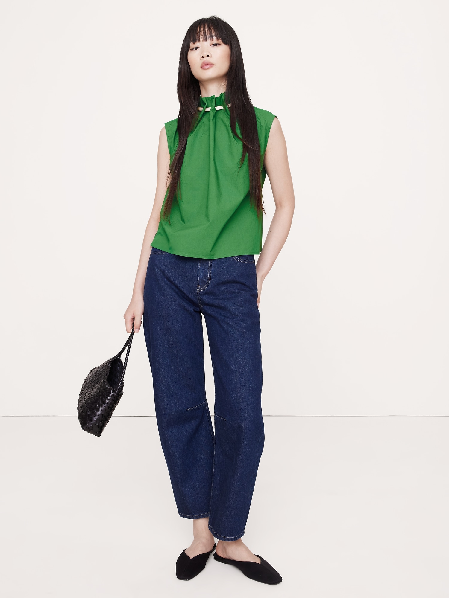 Image number 1 showing, COTTON POPLIN CINCH-NECK TOP