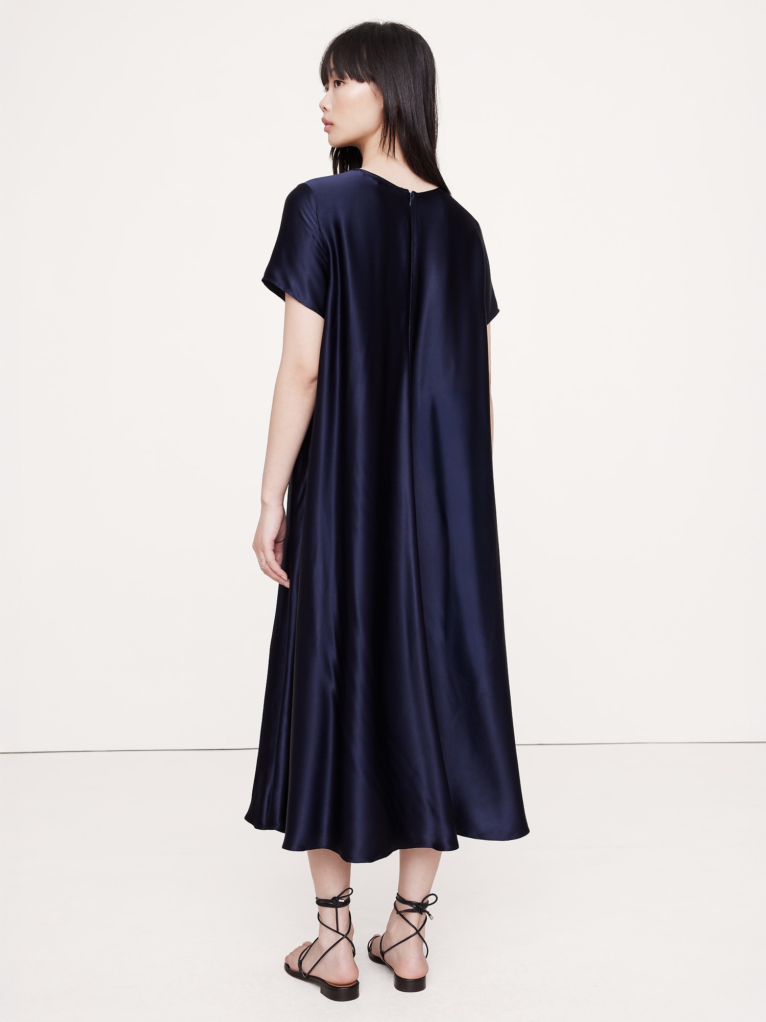 ITALIAN SATIN TRAPEZE LONG MIDI DRESS