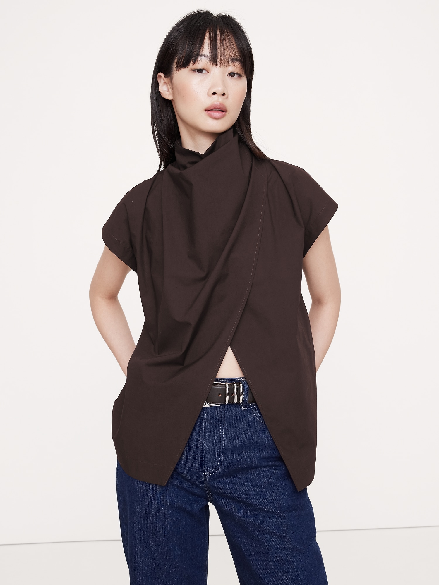 COTTON POPLIN COWL NECK TUNIC - Ganache Brown