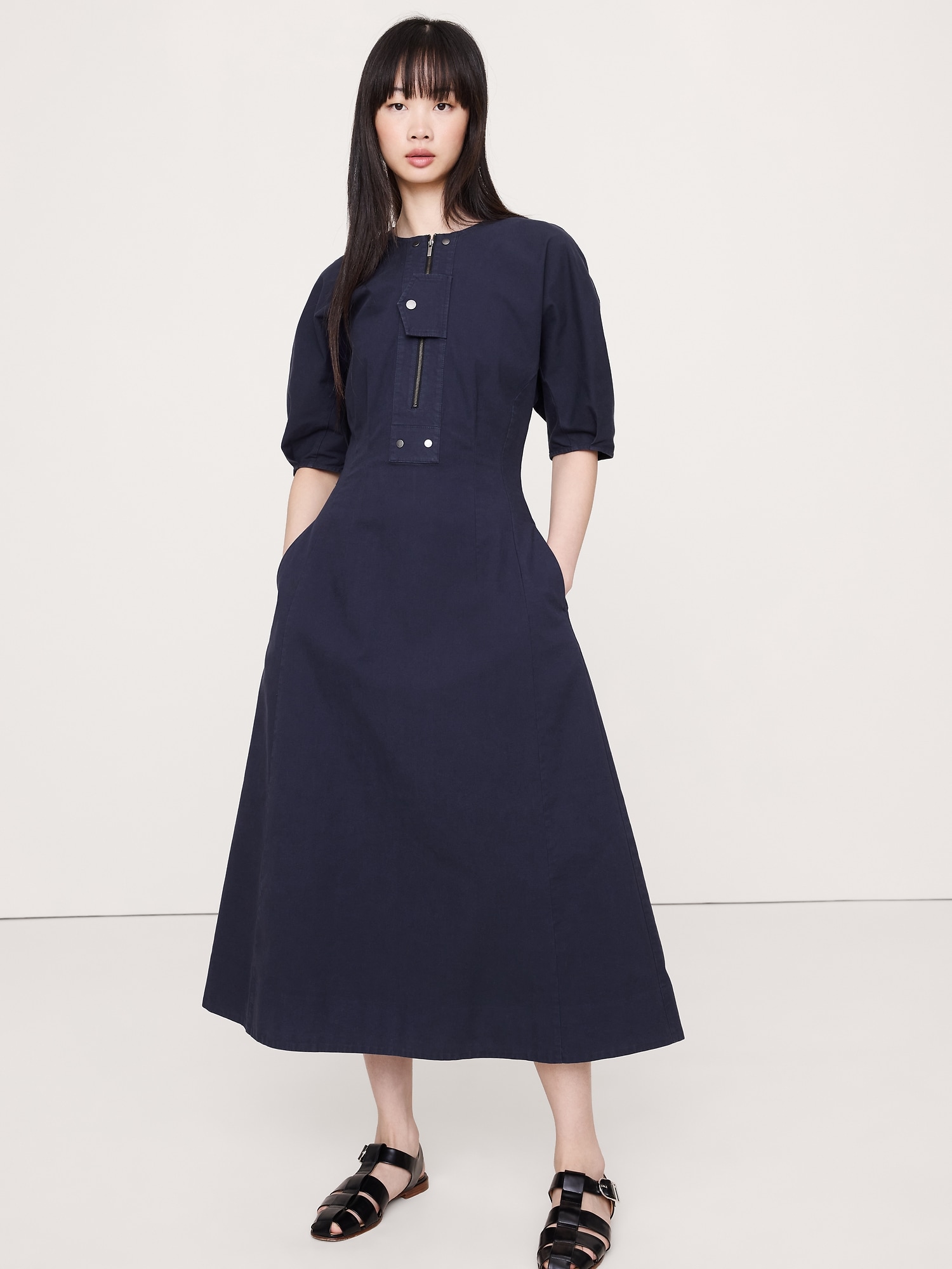 Image number 1 showing, STRETCH-COTTON TWILL UTILITY MIDI DRESS