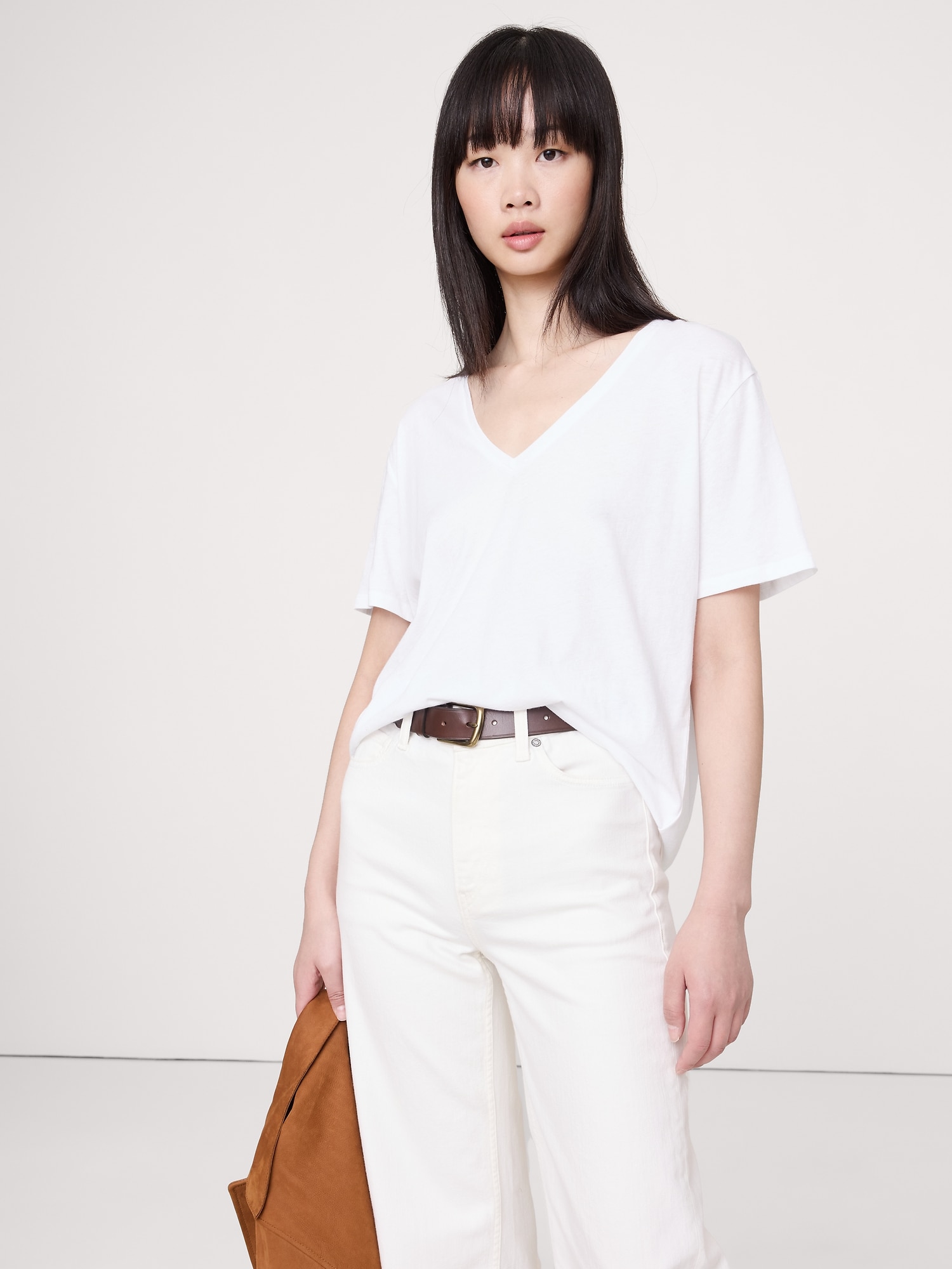 Oversized Cotton-Silk V-Neck T-Shirt - White