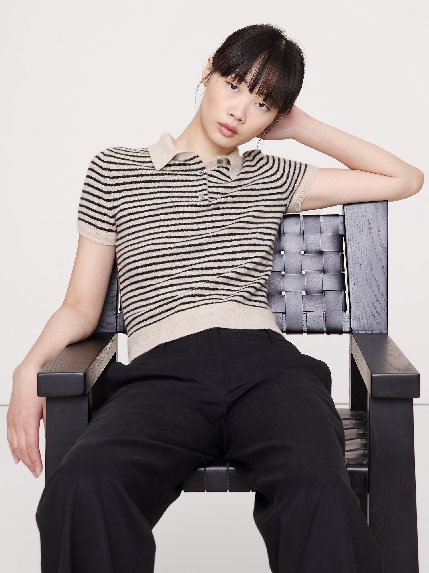 Lightweight Cashmere Short-Sleeve Sweater Polo - Black & Natural Beige Stripe