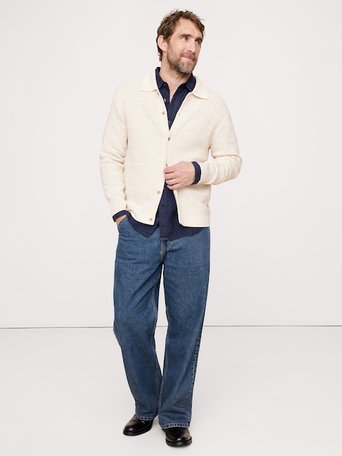 CARDIGAN À COL POLO EN COTON À CARREAUX TEXTURÉS - Blanc