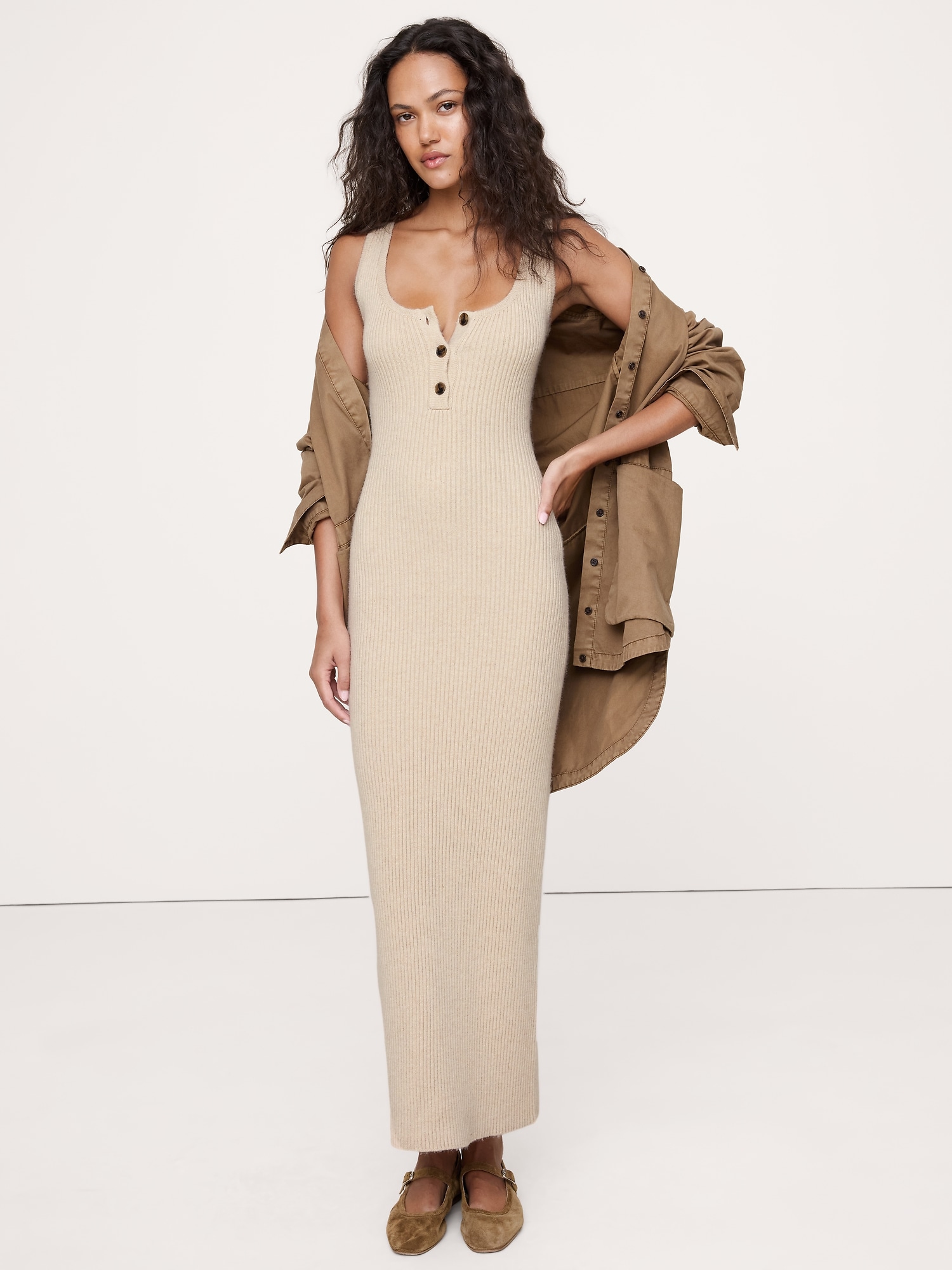 Robe chandail henley longue en laine mérinos et coton