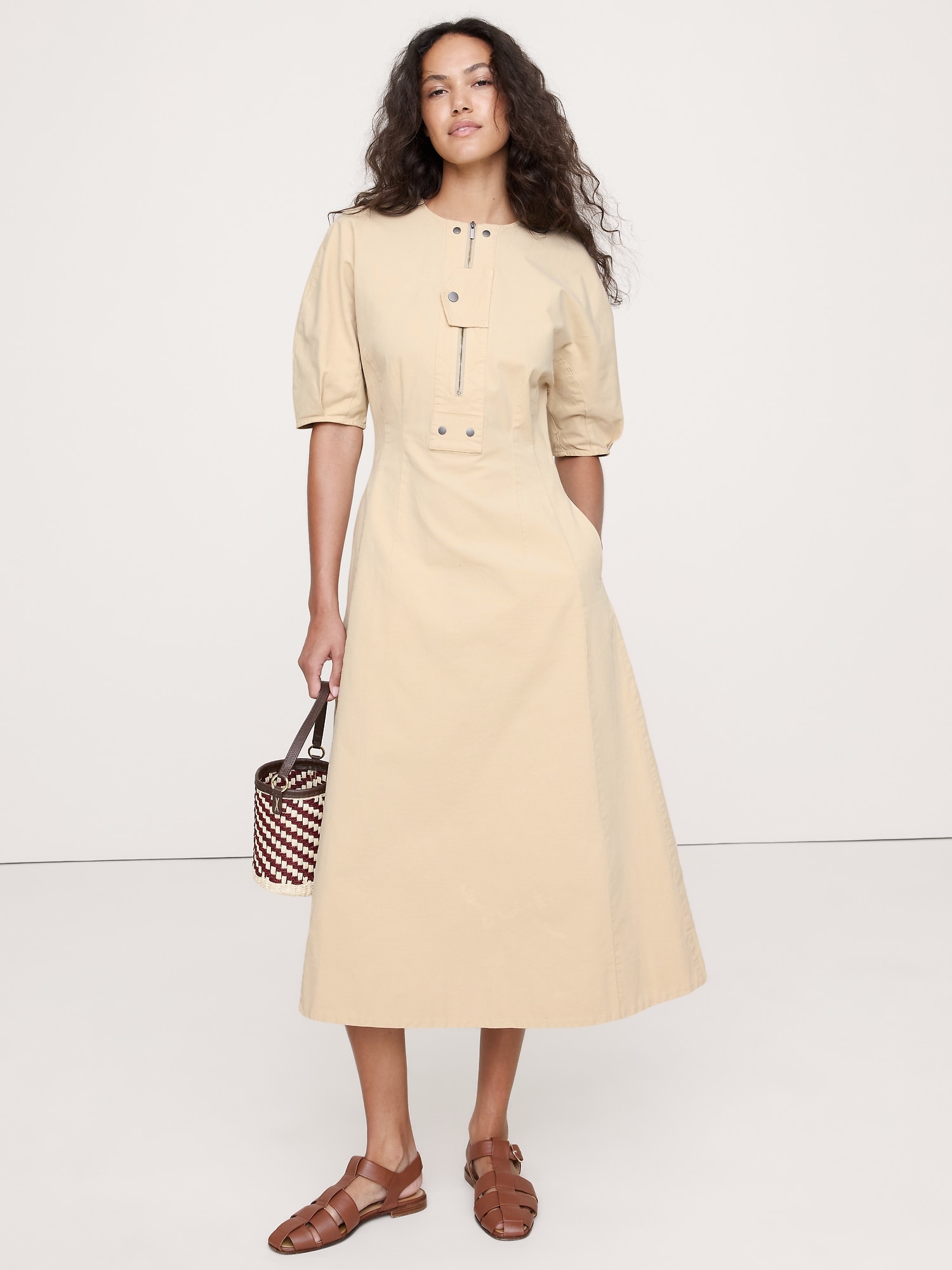 Image number 1 showing, STRETCH-COTTON TWILL UTILITY MIDI DRESS