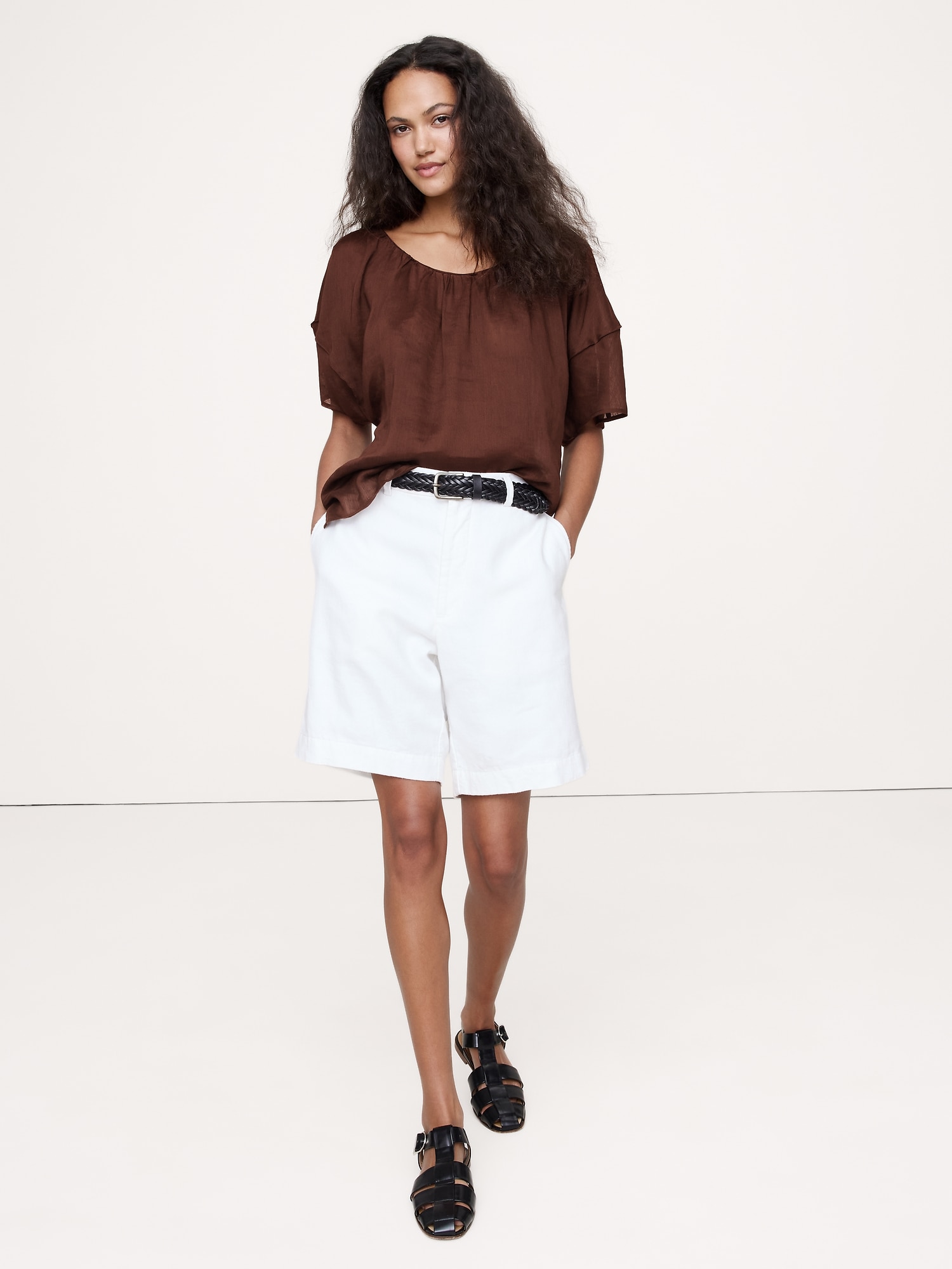 LINEN-VISCOSE GAUZE PUFF-SLEEVE TOP - Espresso Brown