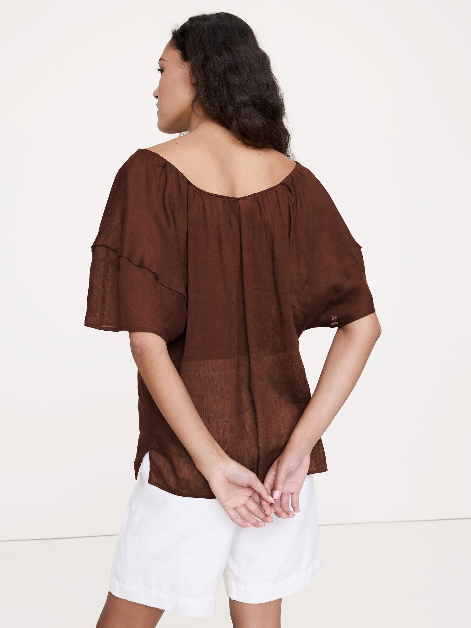 Image number 5 showing, LINEN-VISCOSE GAUZE PUFF-SLEEVE TOP