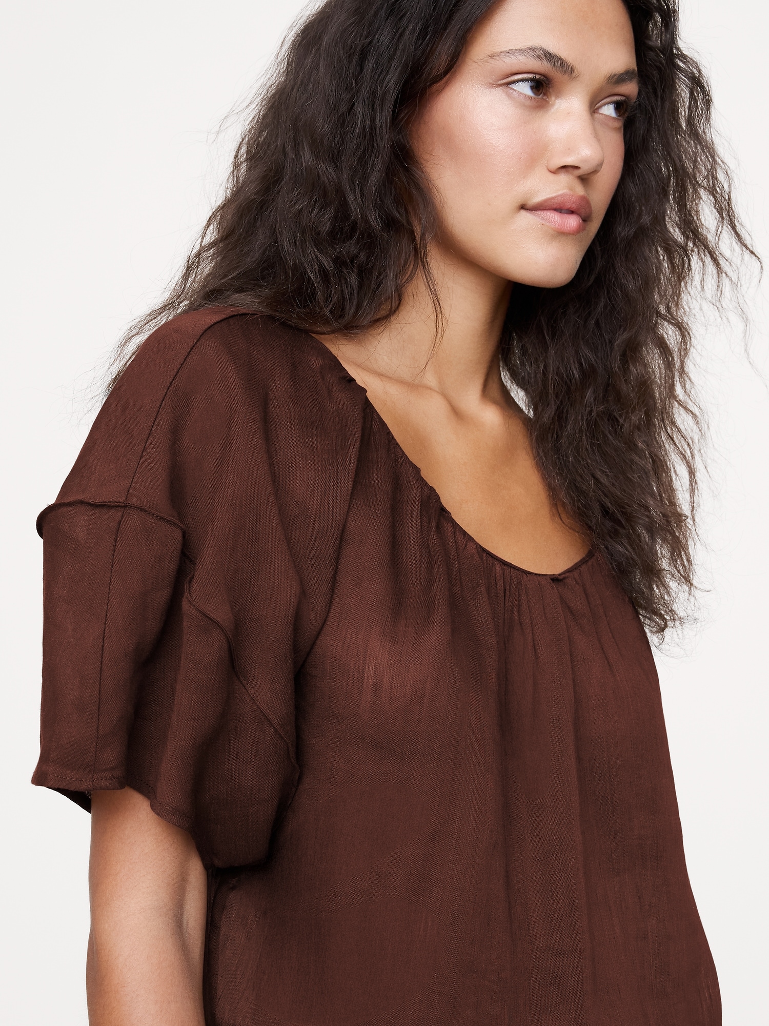 LINEN-VISCOSE GAUZE PUFF-SLEEVE TOP