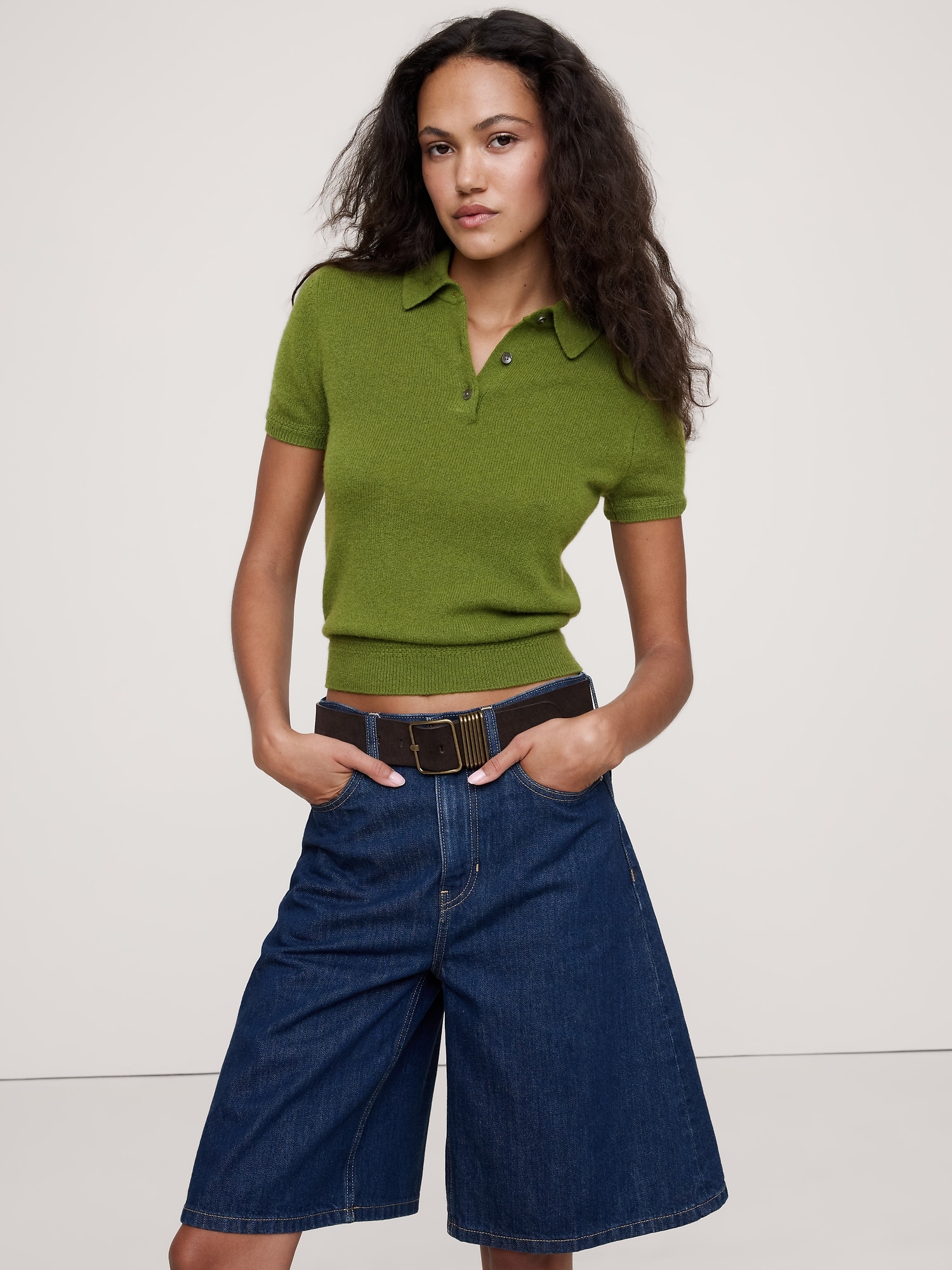 Lightweight Cashmere Short-Sleeve Sweater Polo - Leafy Green