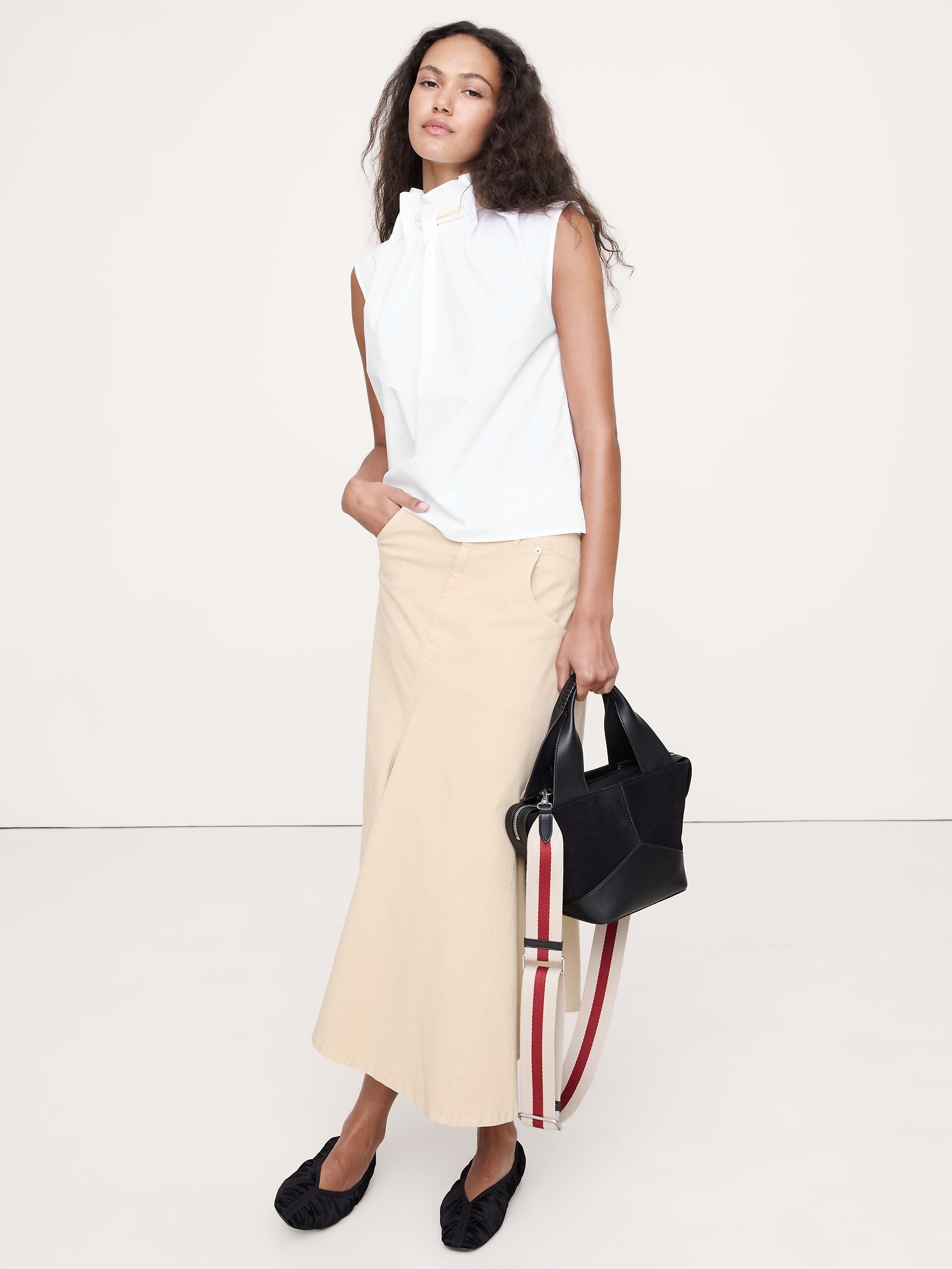 COTTON POPLIN CINCH-NECK TOP - White