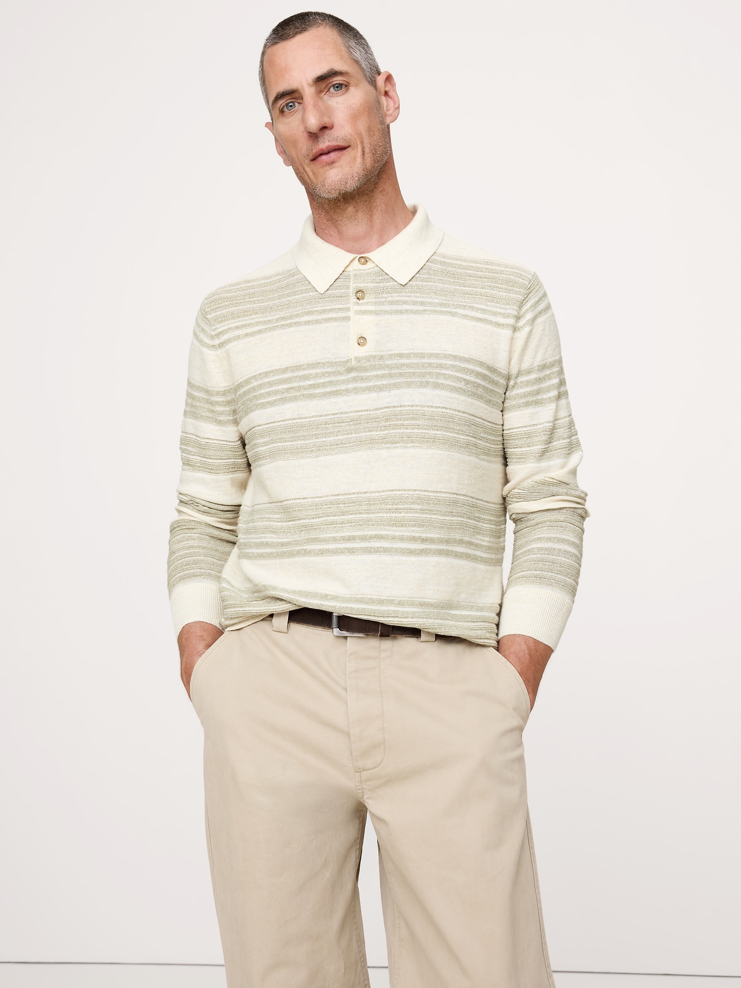 STRIPE COTTON-LINEN SWEATER POLO