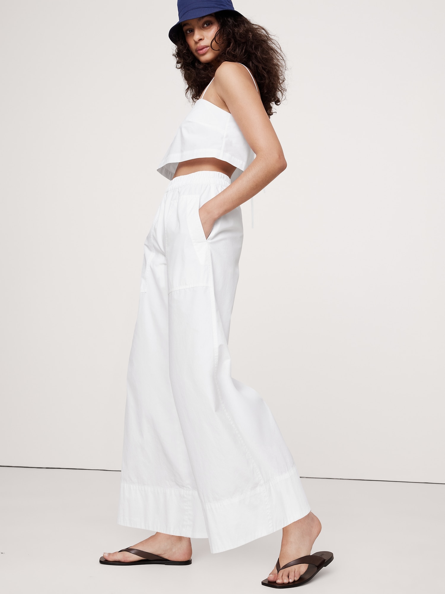 Wide-Leg Cotton Poplin Pull-On Ankle Pant
