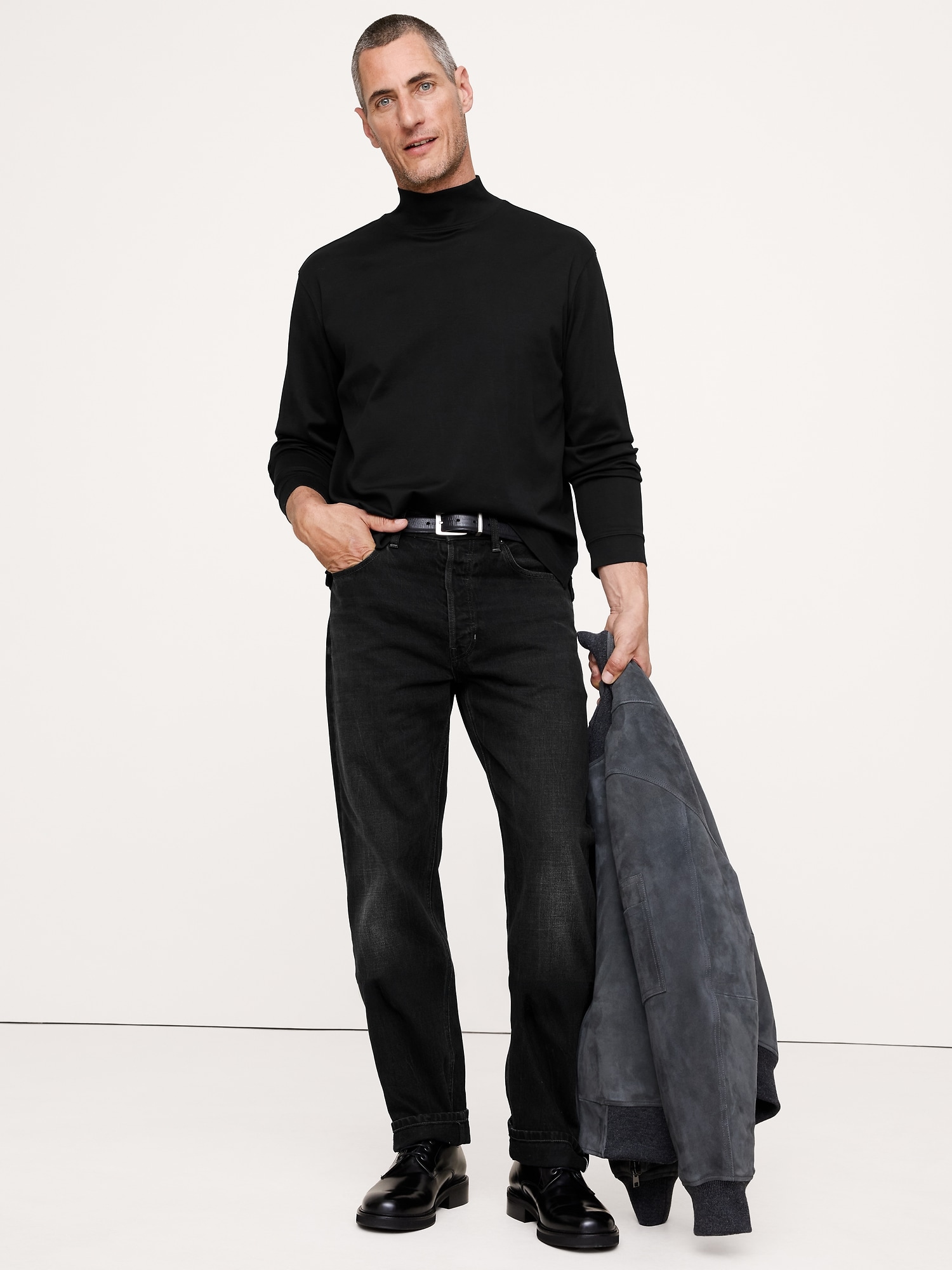 Cotton Ribbed Turtleneck T-Shirt - Black
