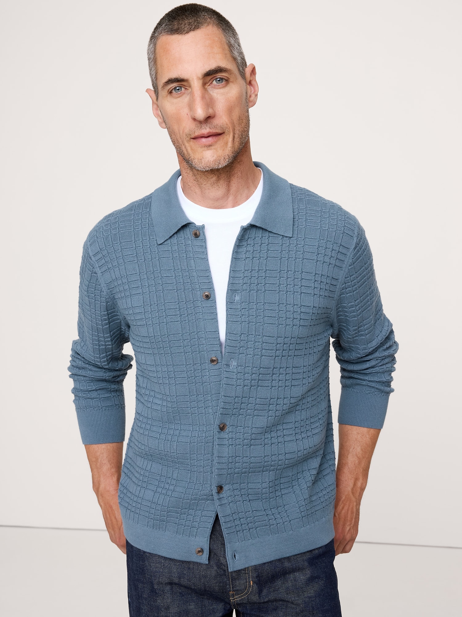 PLAID TEXTURE COTTON POLO CARDIGAN