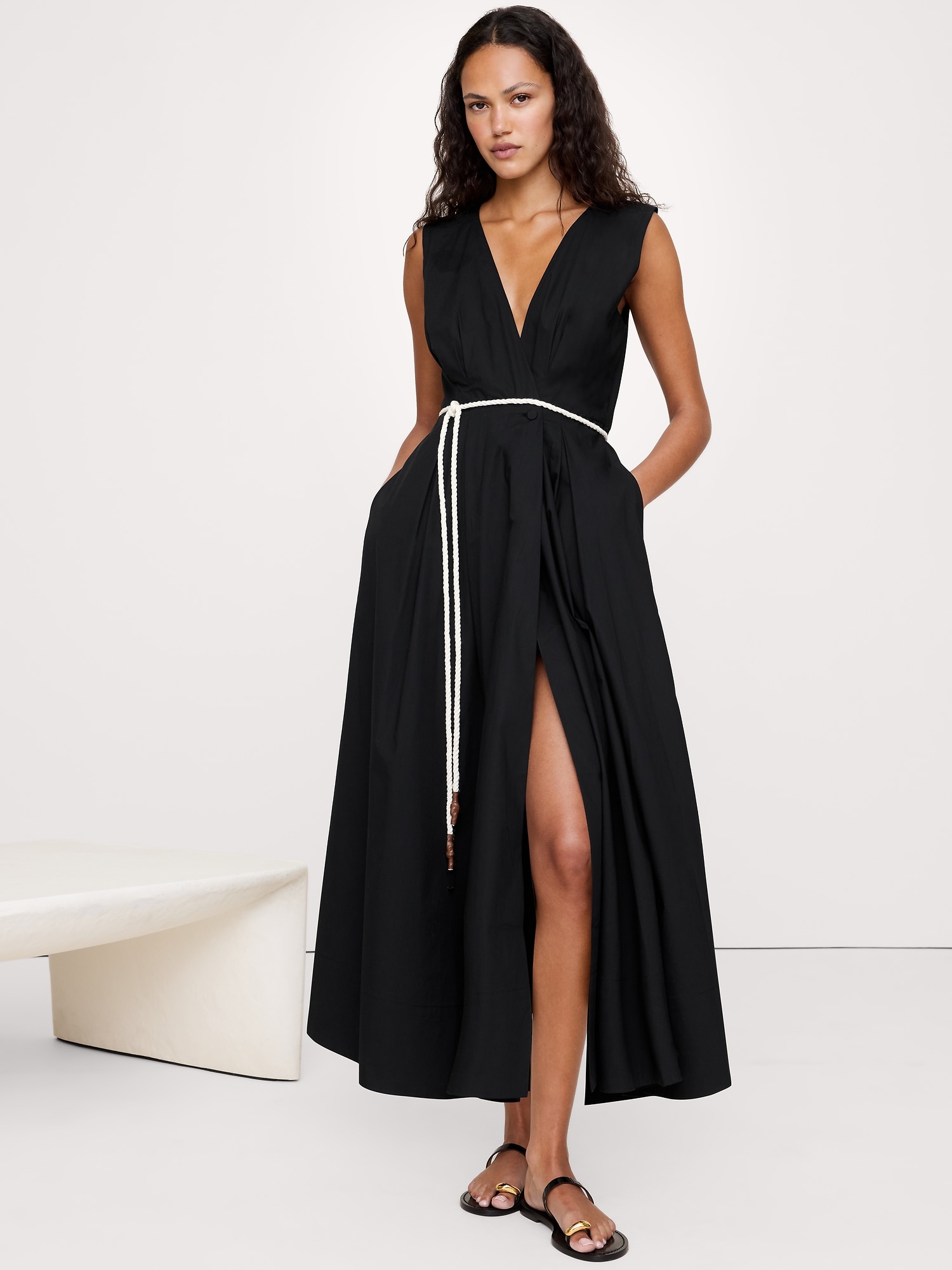 Cotton Poplin Wrap Maxi Dress - Black