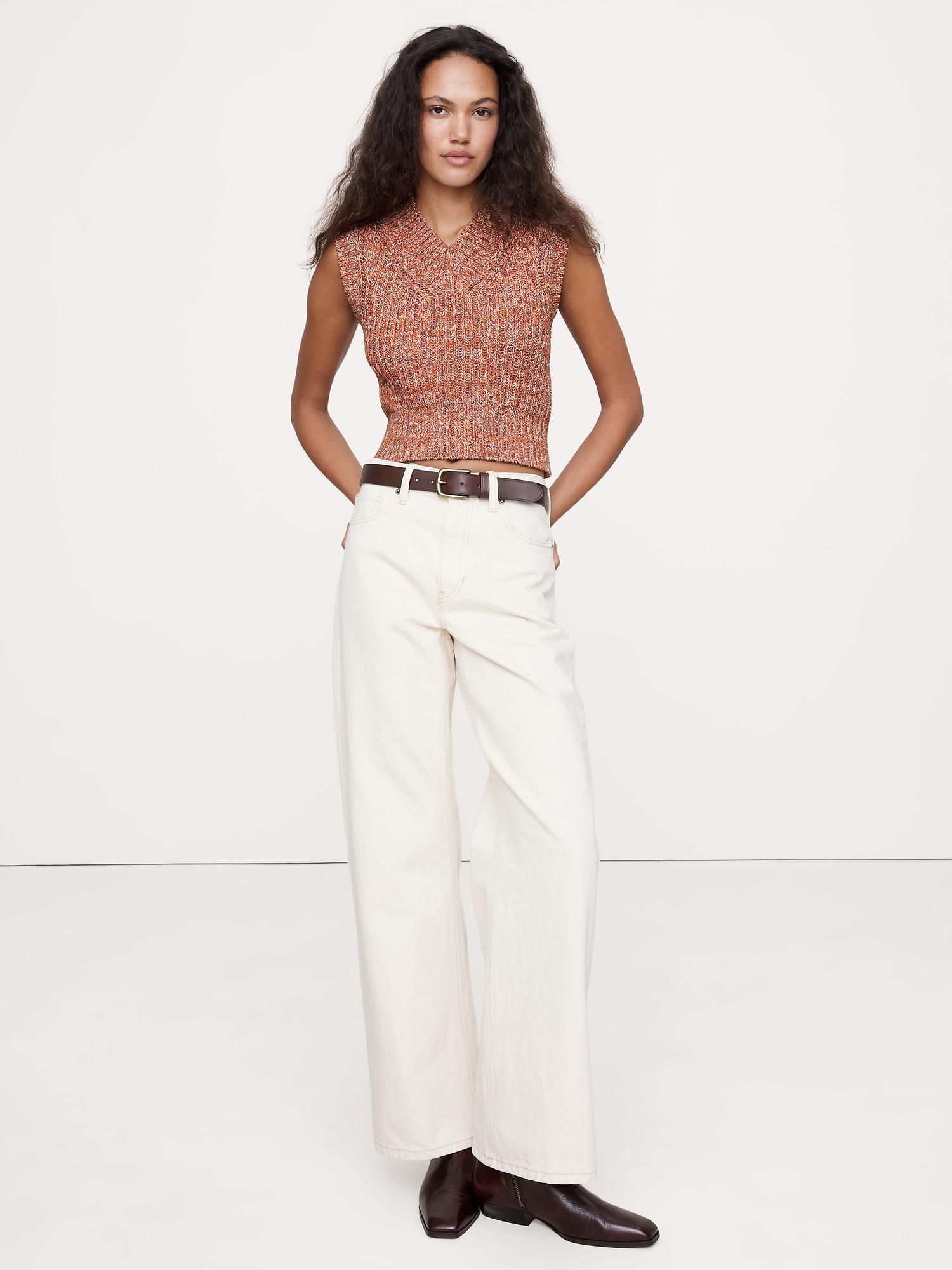 Cotton V-Neck Cropped Sweater Vest - Heather Orange