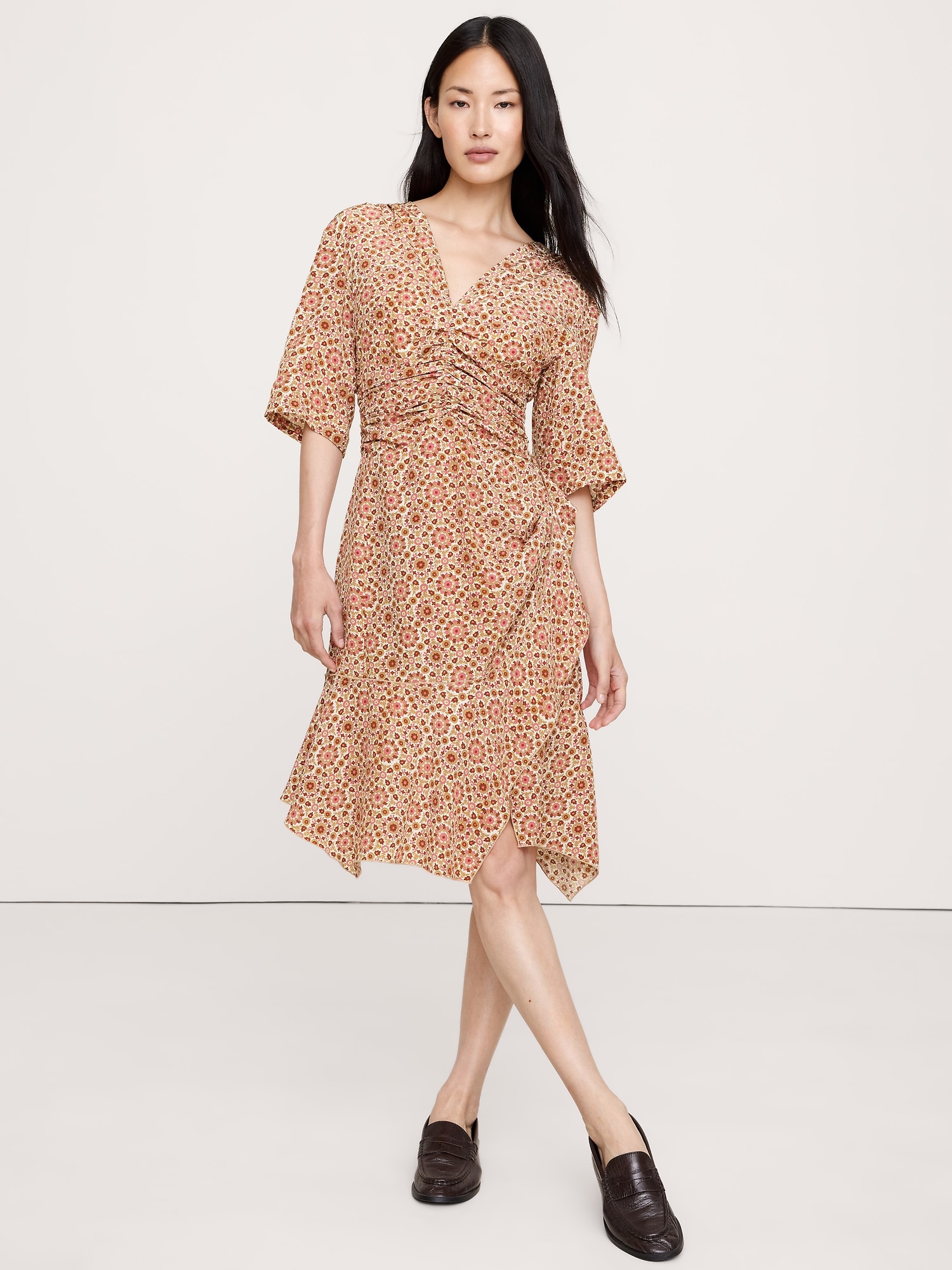 MATTE SILK RUCHED-FRONT DRESS - Pink Floral Medallion