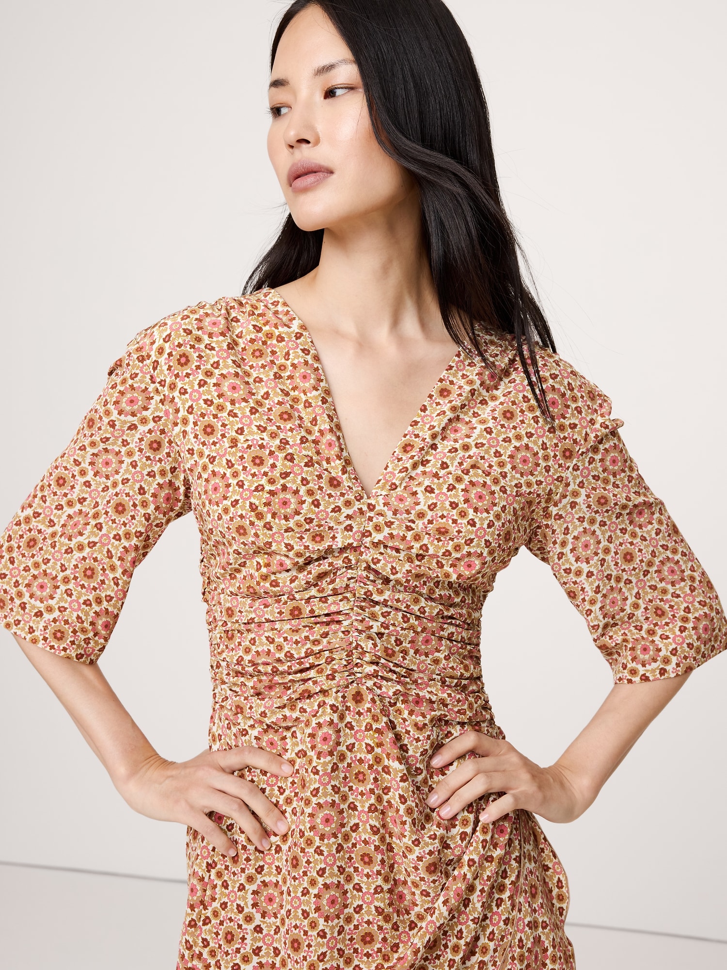 Image number 4 showing, MATTE SILK RUCHED-FRONT DRESS
