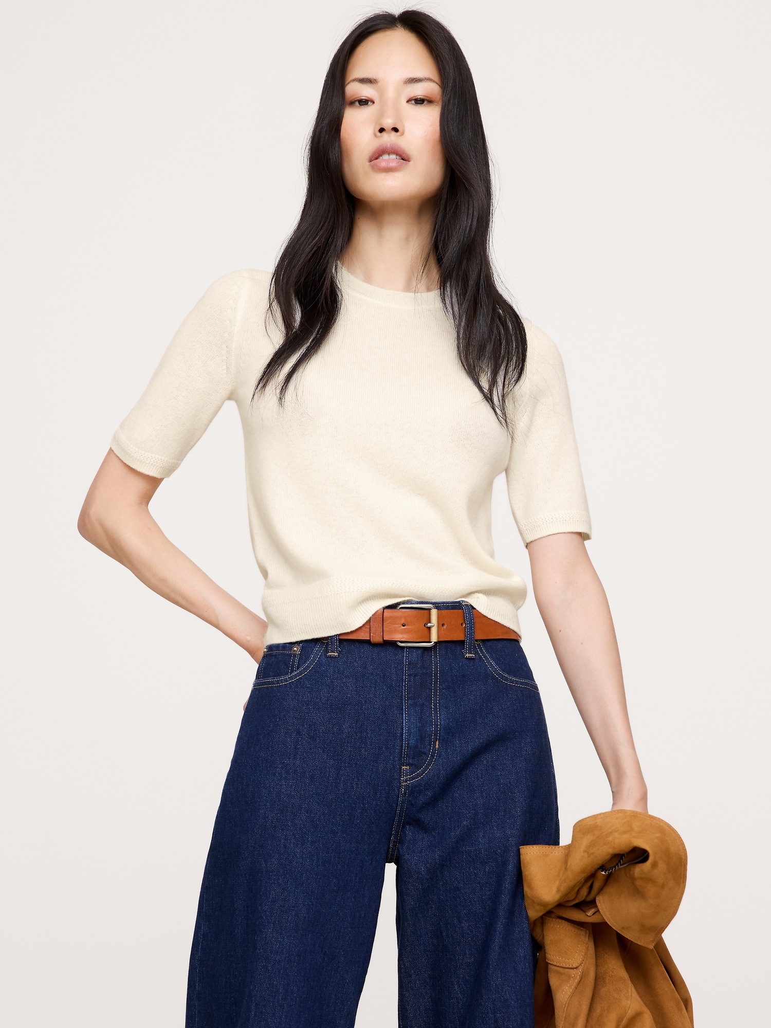 Lightweight Cashmere Short-Sleeve Sweater - Cream White