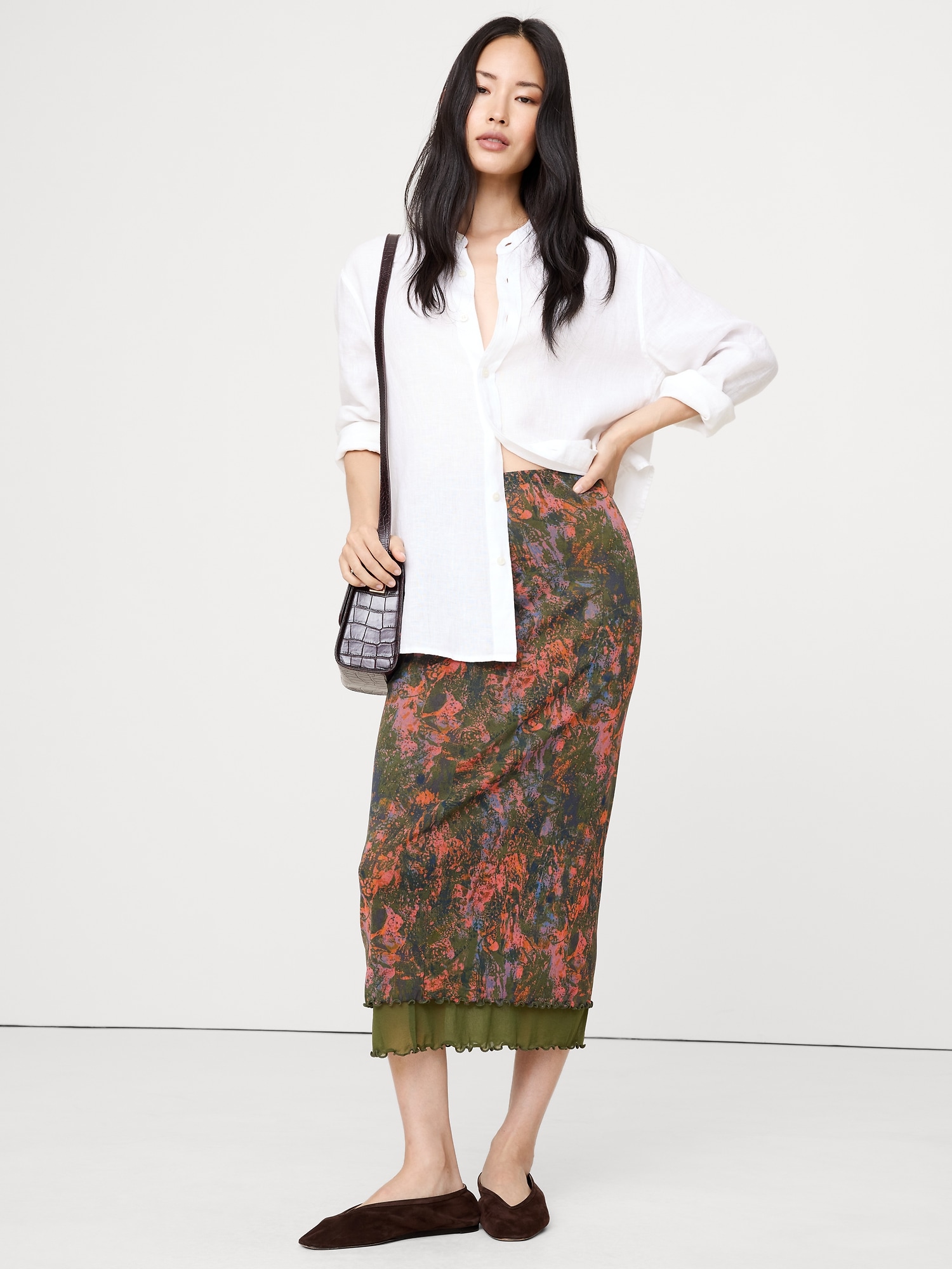 LETTUCE-HEM MESH MIDI SKIRT - Green Camo Splatter