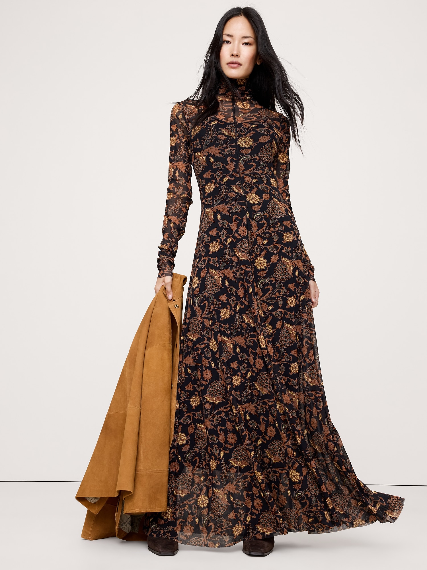 Long-Sleeve Mesh Maxi Dress - Black Floral Botanical
