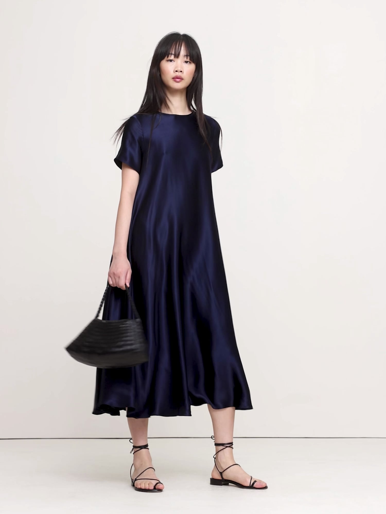 ITALIAN SATIN TRAPEZE LONG MIDI DRESS