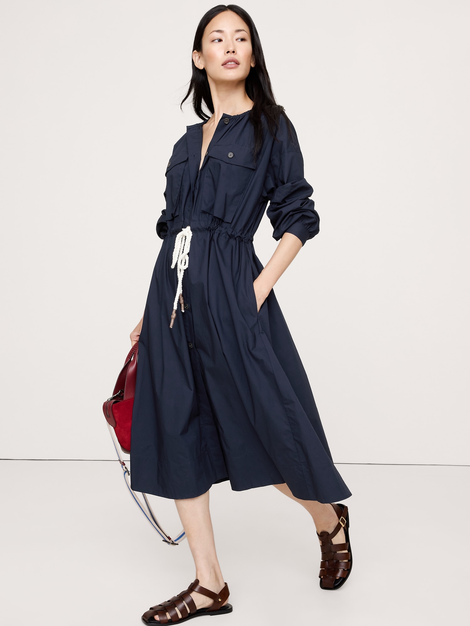 Image number 1 showing, COTTON POPLIN POCKET MIDI SHIRTDRESS