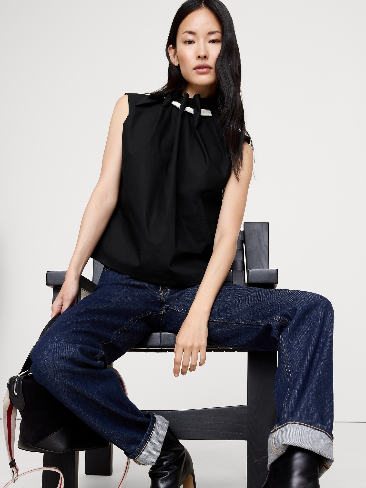 COTTON POPLIN CINCH-NECK TOP