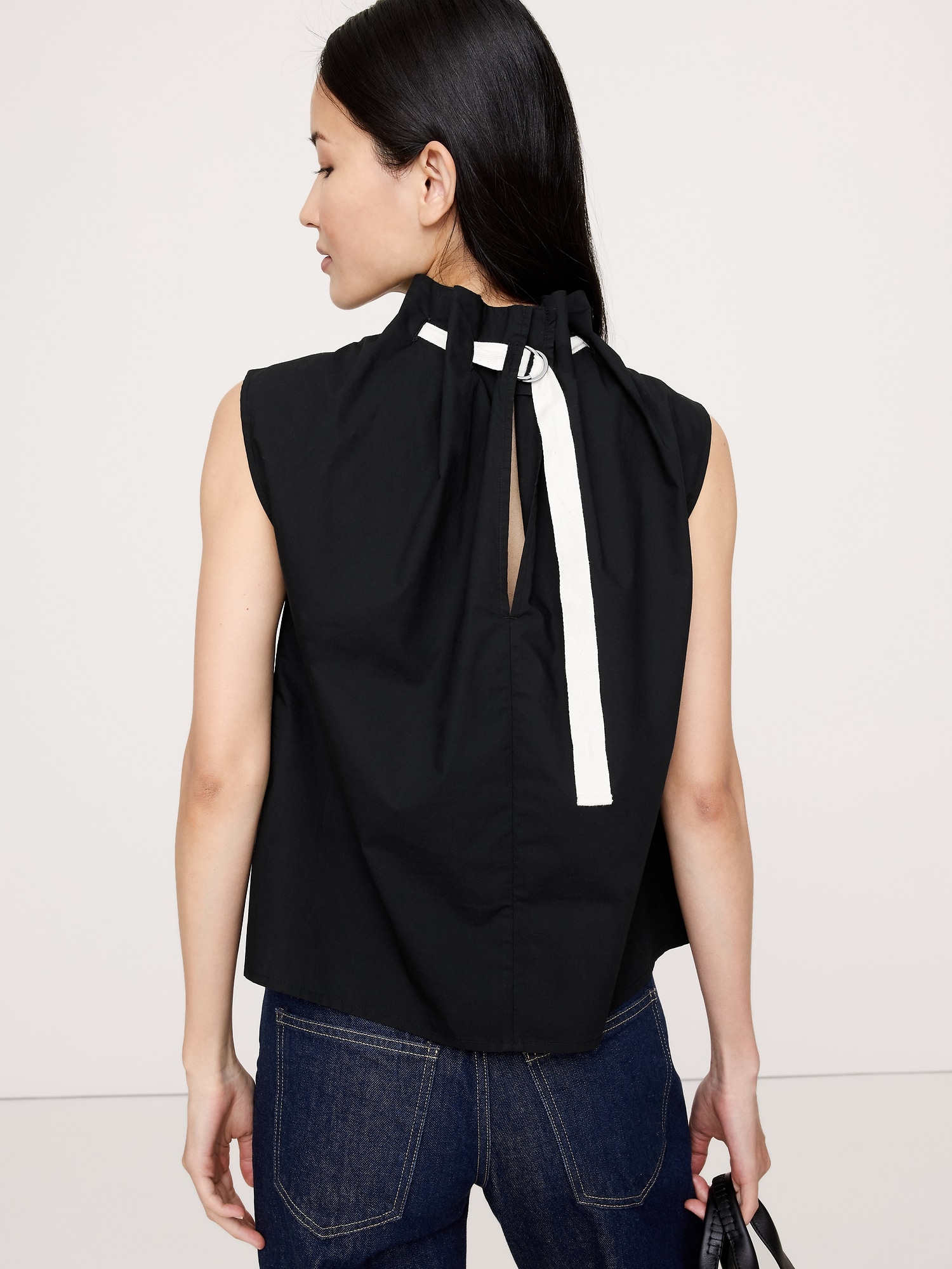 COTTON POPLIN CINCH-NECK TOP